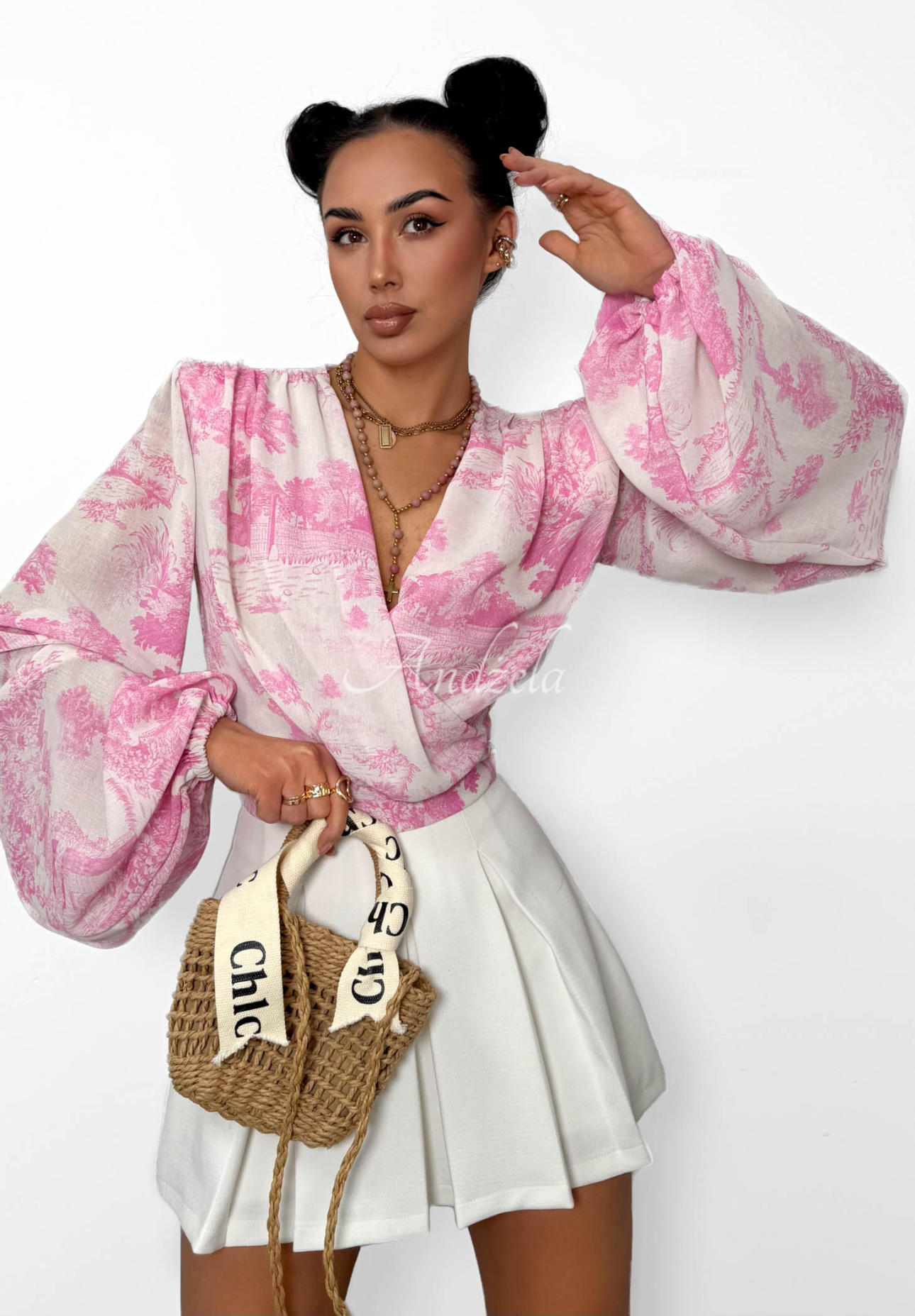 Viskose-Bluse mit Muster und Bindeband La Milla Angelina Rosa