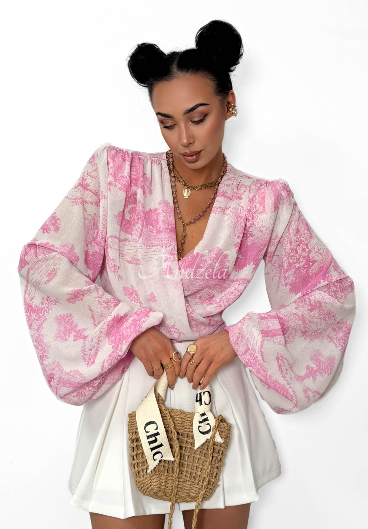 Viskose-Bluse mit Muster und Bindeband La Milla Angelina Rosa