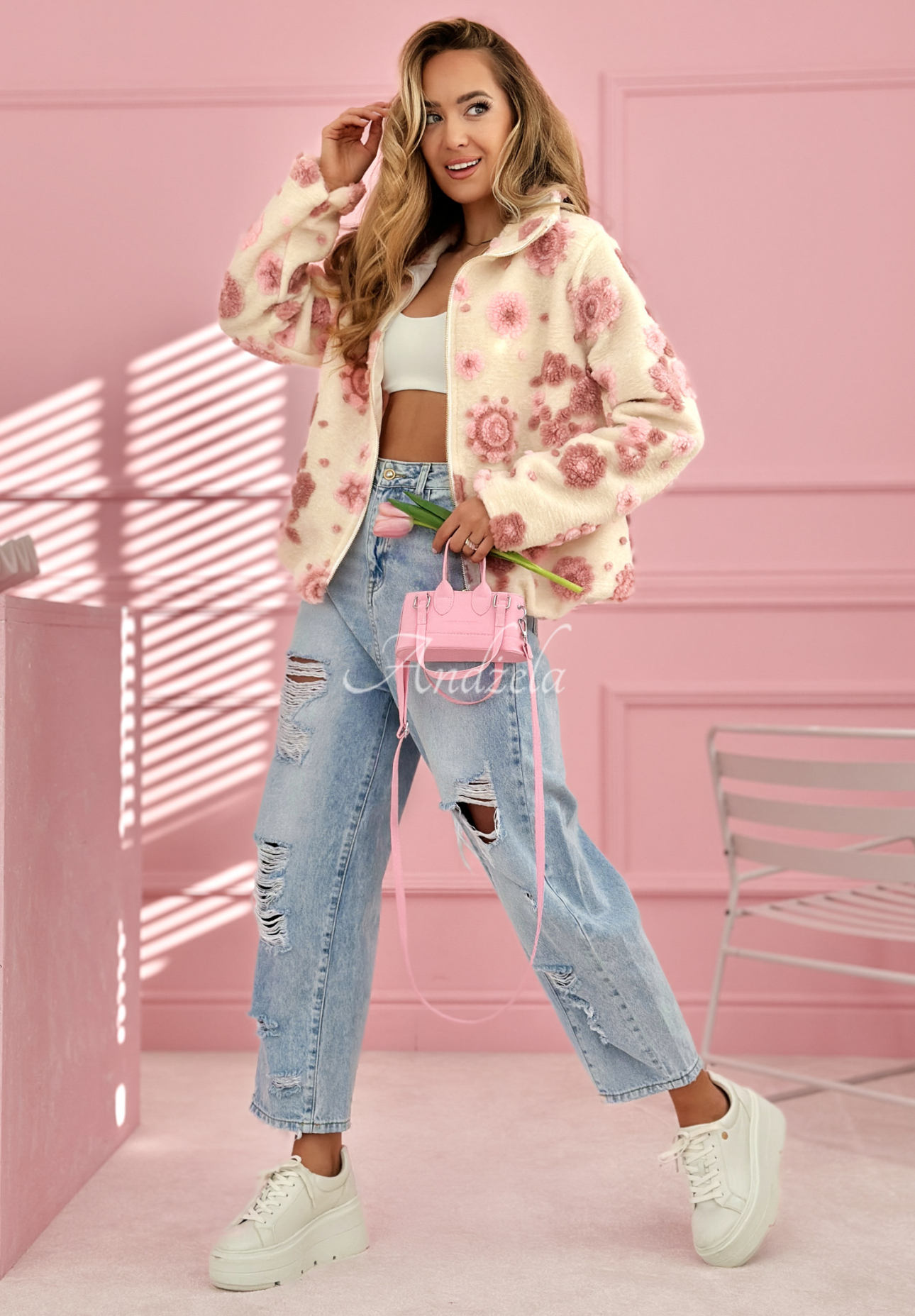 Jacke mit Stehkragen und Blumenmuster Avalisse weiß-rosa