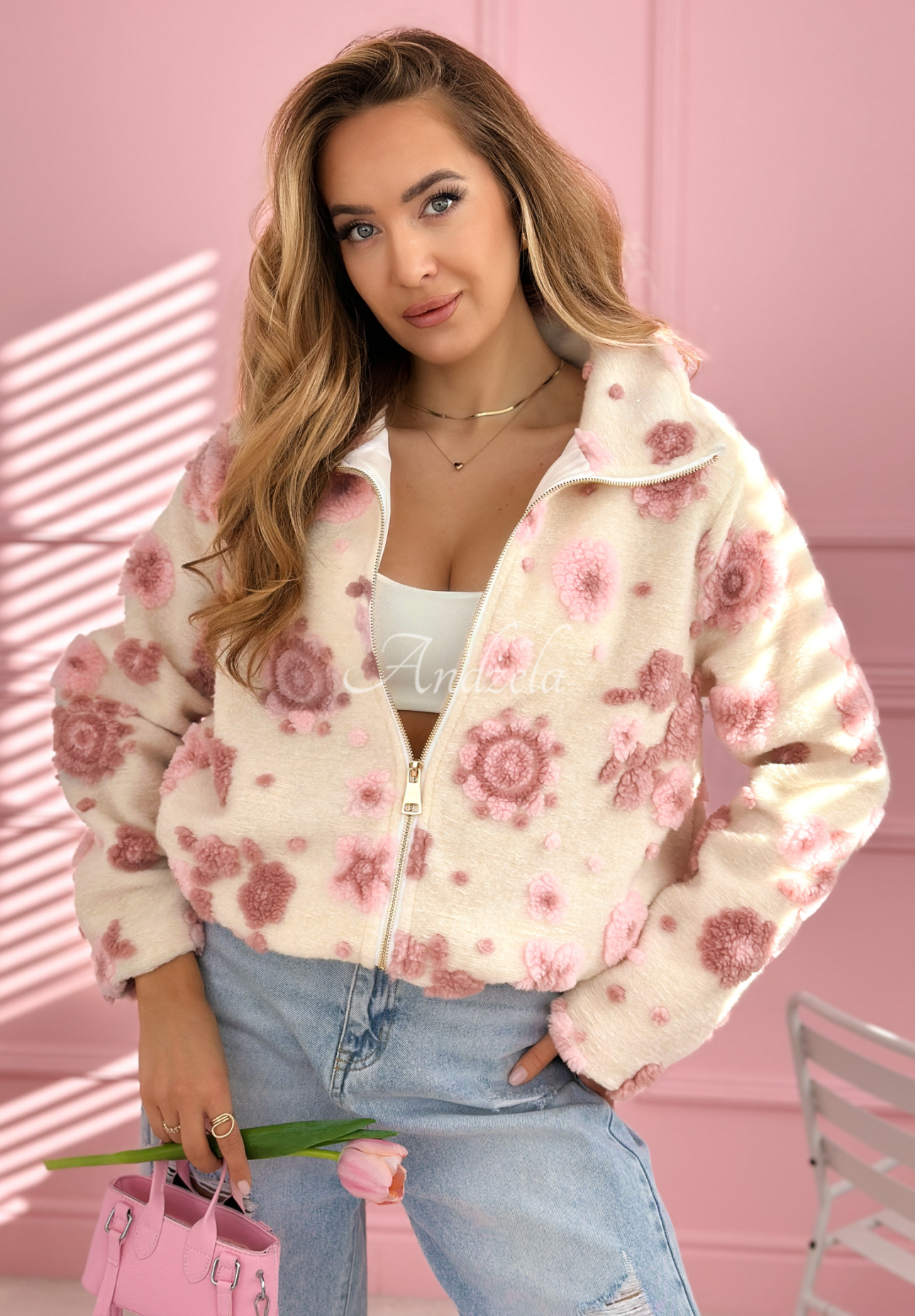 Jacke mit Stehkragen und Blumenmuster Avalisse weiß-rosa