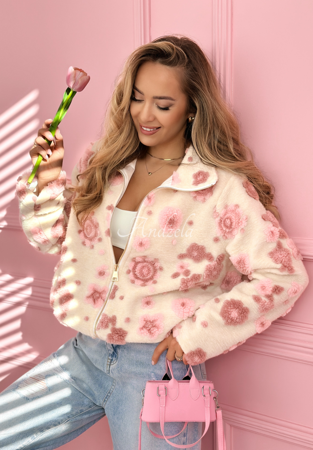 Jacke mit Stehkragen und Blumenmuster Avalisse weiß-rosa
