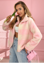 Polarowa kurtka z kratę Avalisse biało-różowa