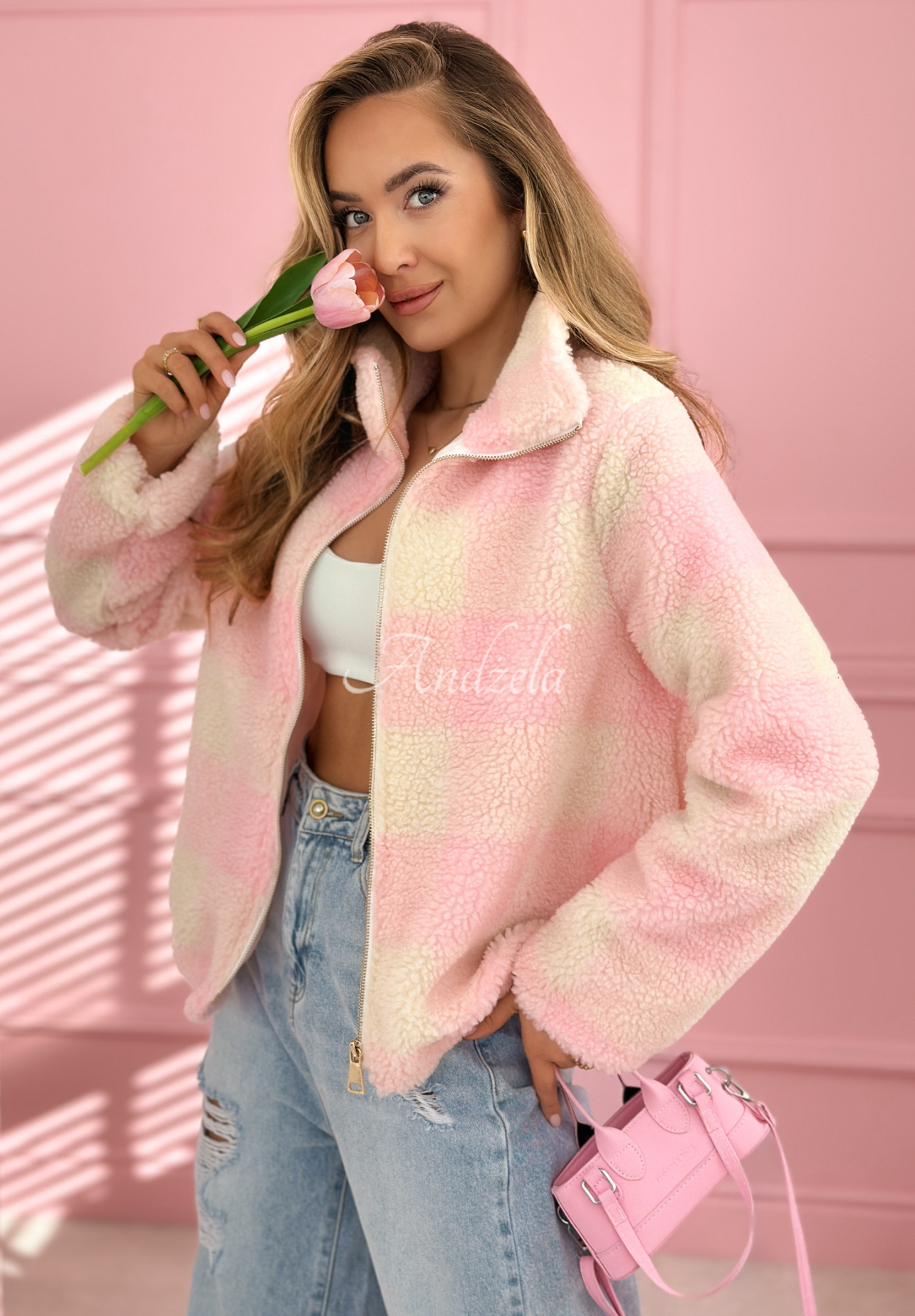 Fleecejacke mit Stehkragen und Karomuster Cleo weiß-rosa