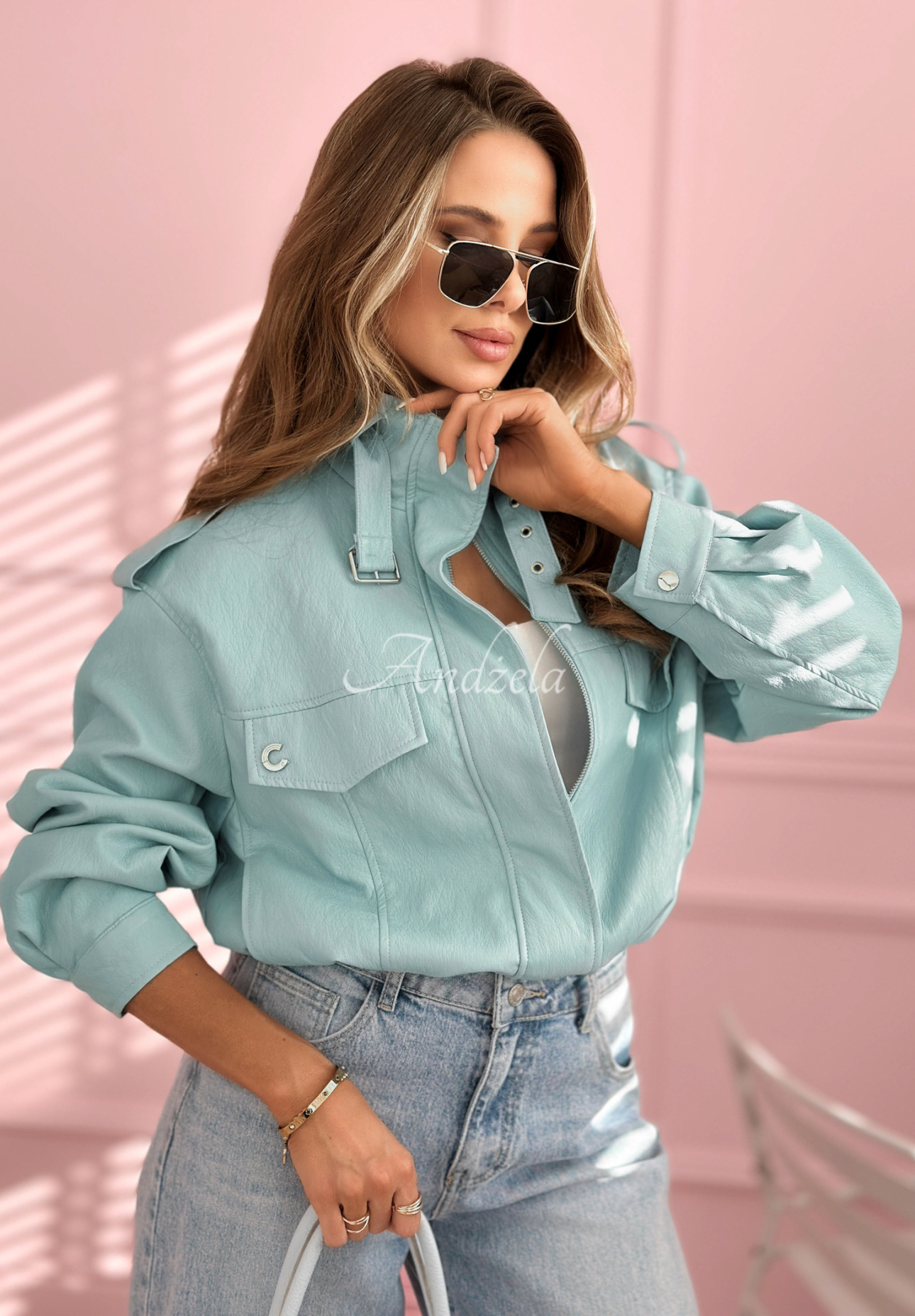 Marisa short blue leather bomber jacket