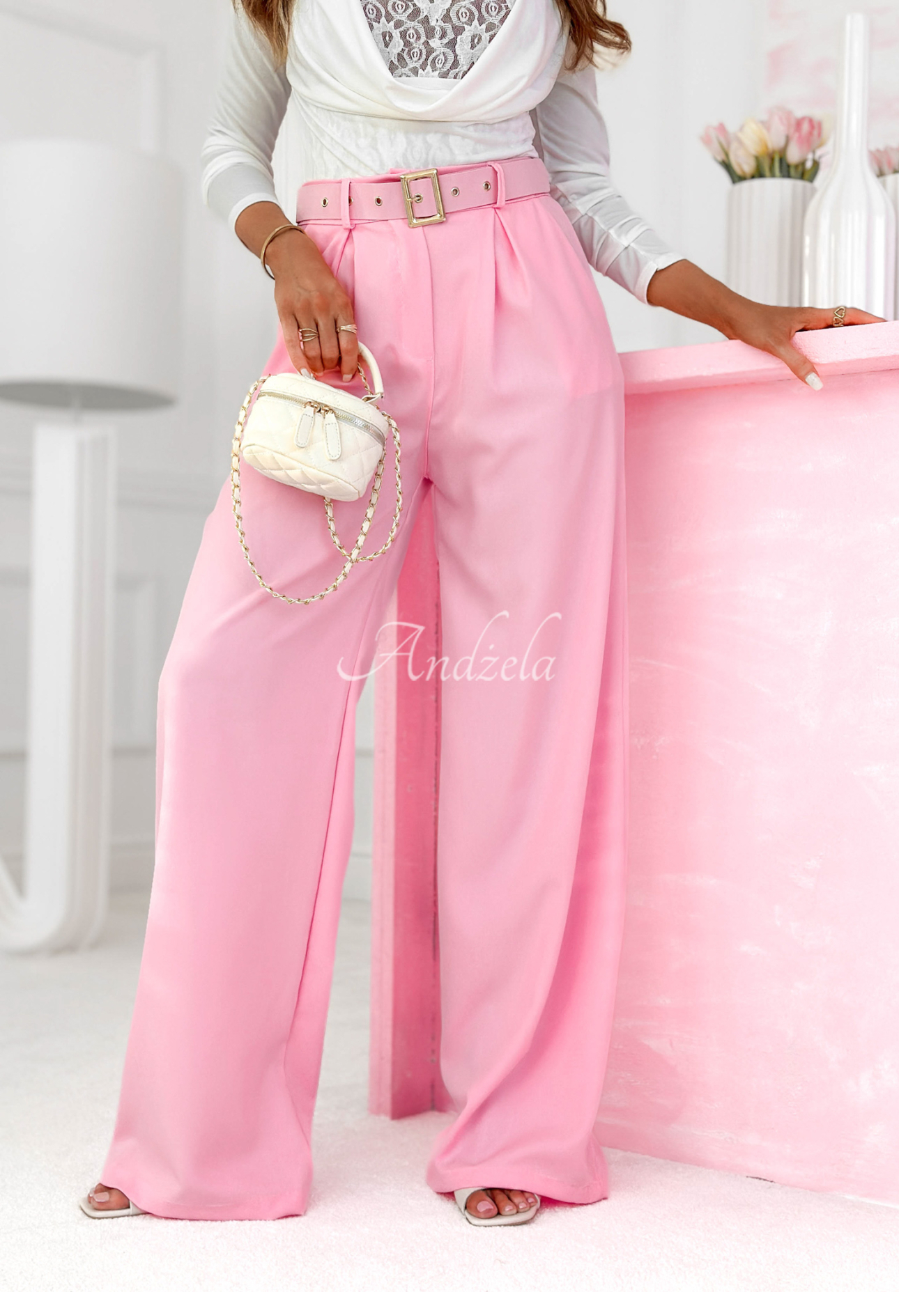 Elegant wide-leg pants with a belt by Got Second Call, pink