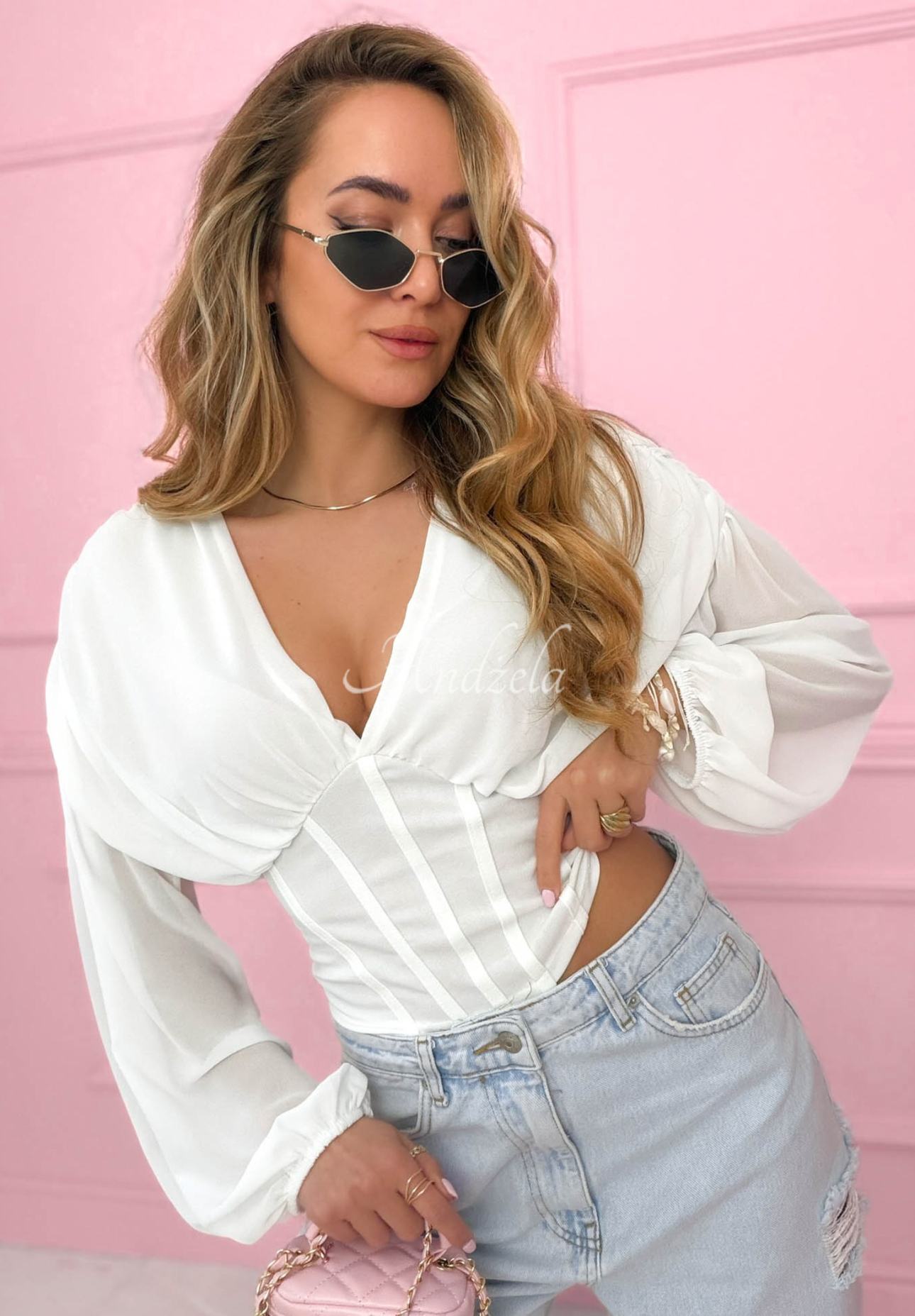 Another Look white ruffled corset blouse