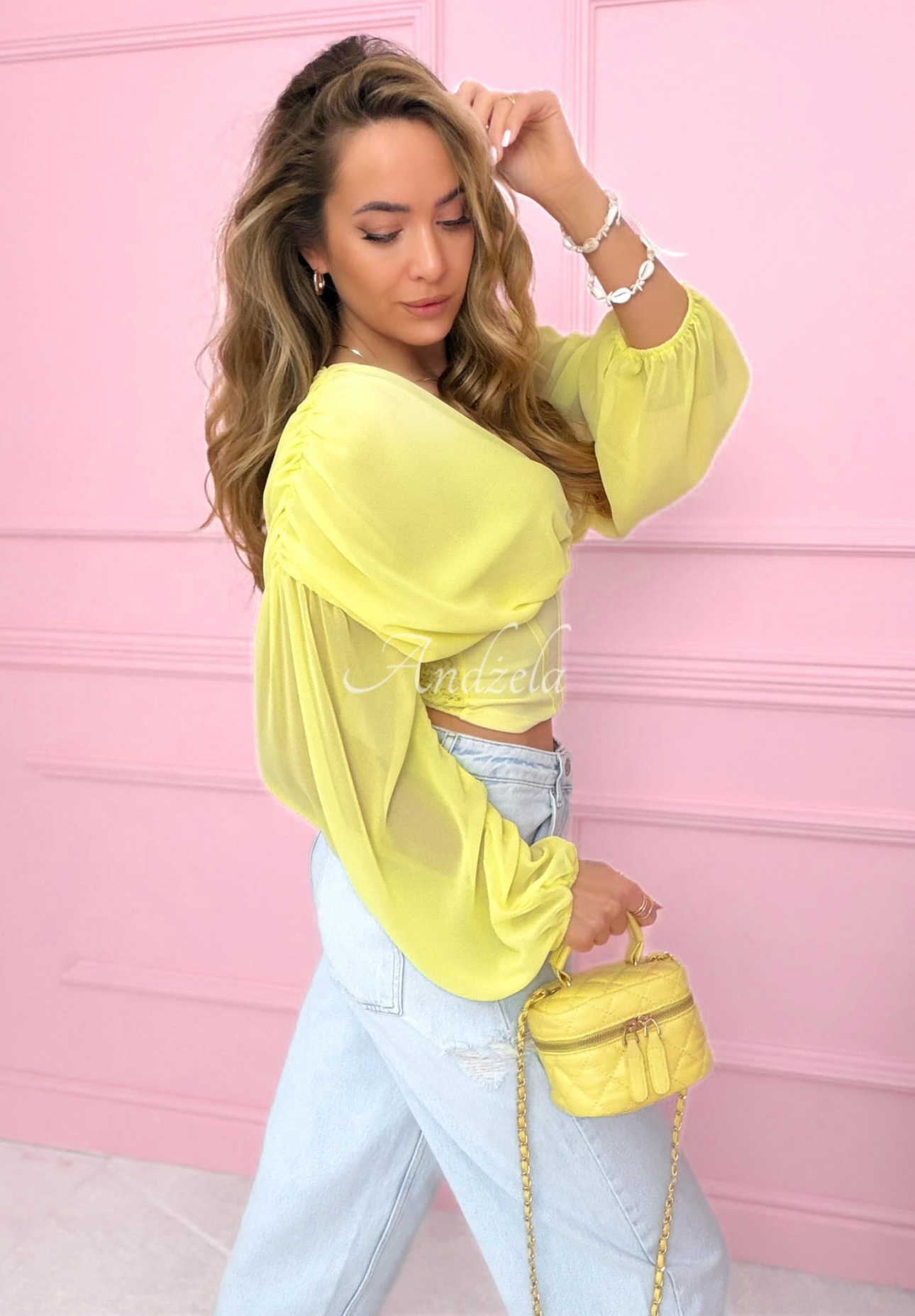 Another Look yellow ruffled corset blouse 