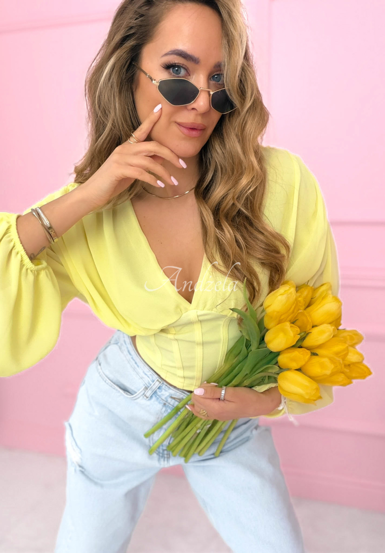 Another Look yellow ruffled corset blouse 