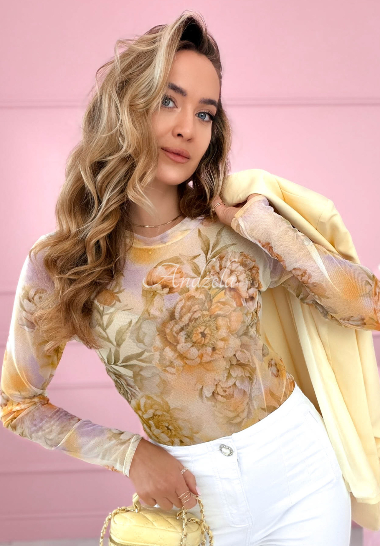 Netzbody mit Blumenmuster Skylar Gelb