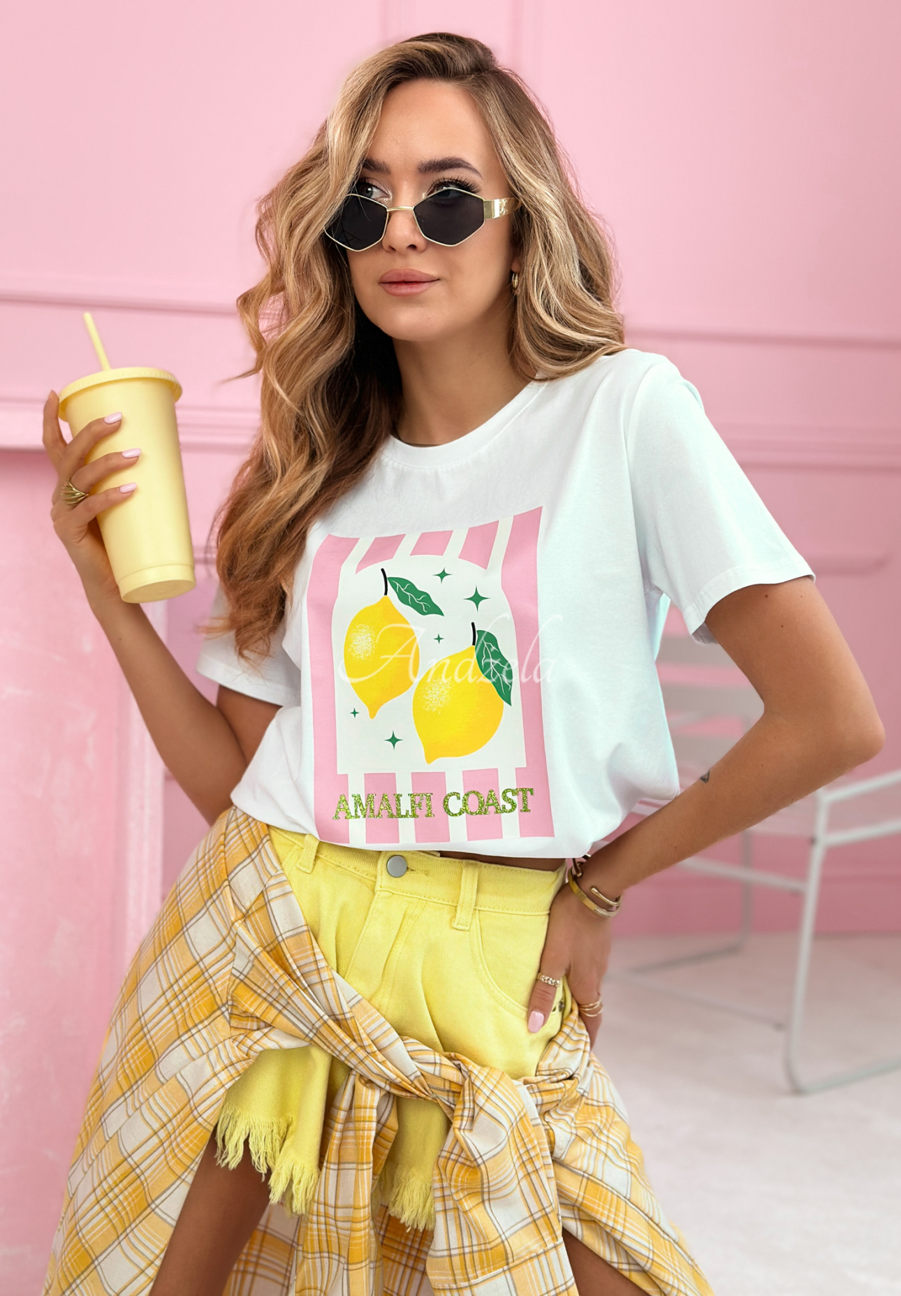 Cotton T-shirt with Amalfi Coast Lemons print, white and pink