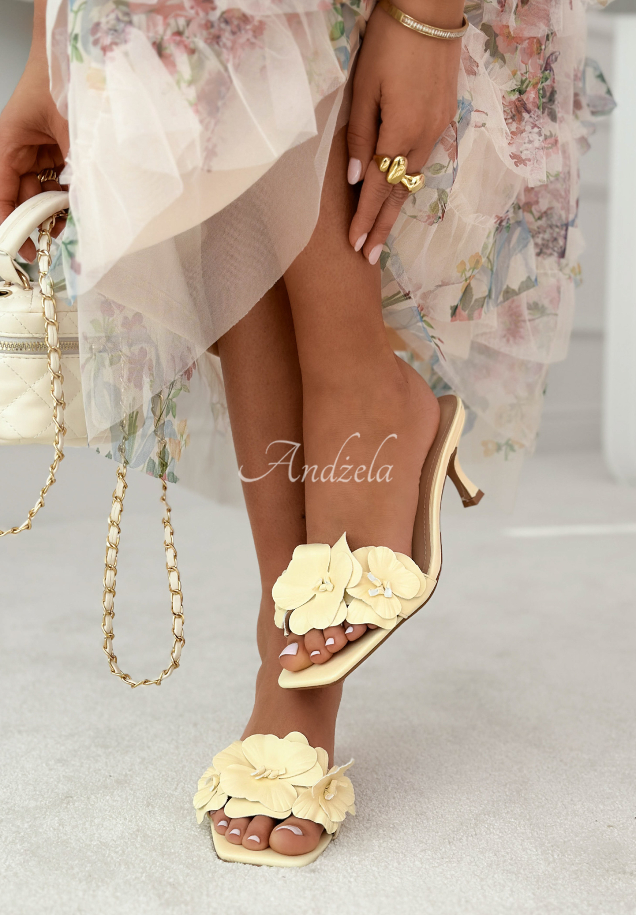 Leather high-heeled sandals with flowers, Faina, yellow