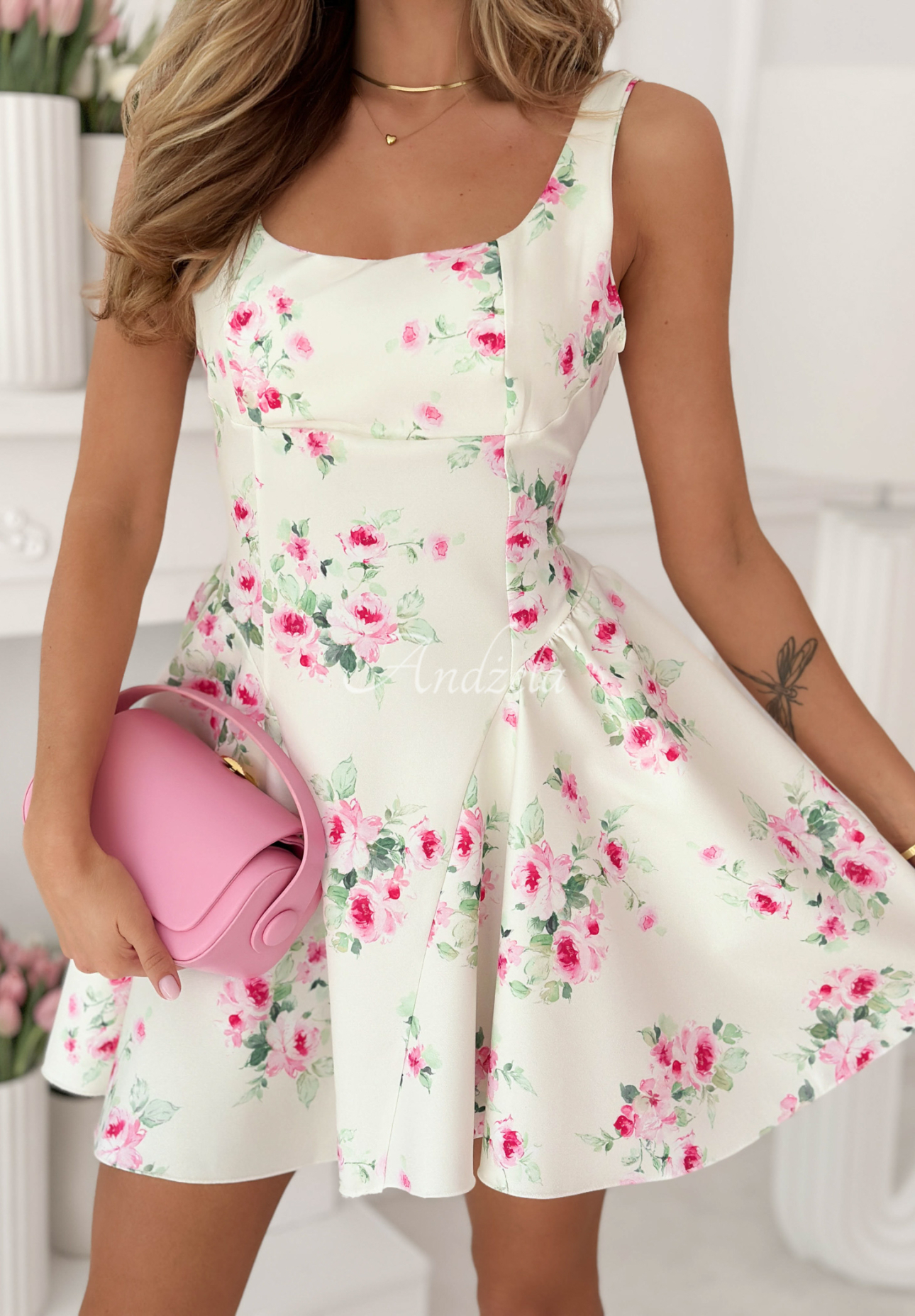 Belladonna ecru flared mini dress with straps