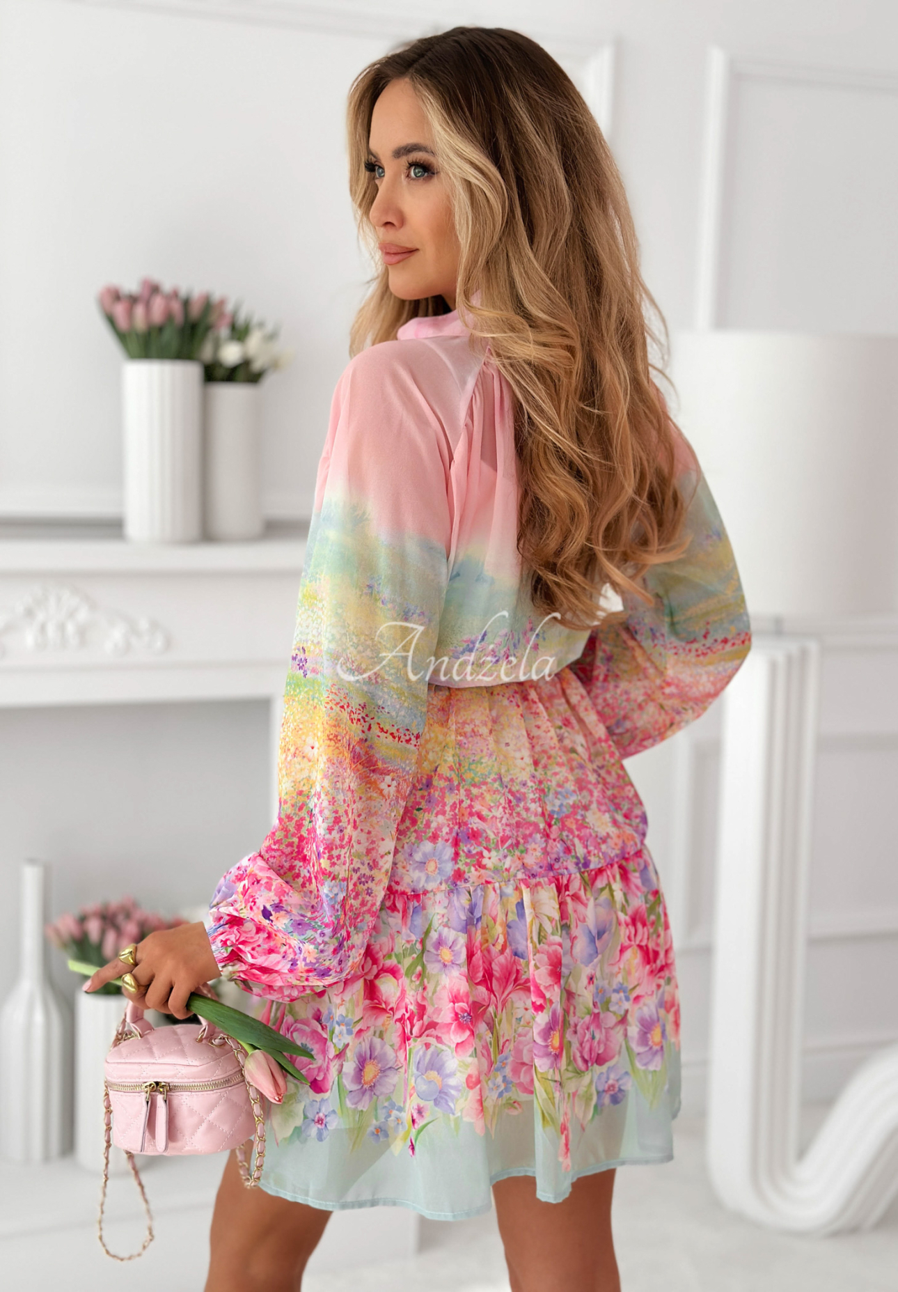 Elegant mini dress with Florentia powder pink floral print