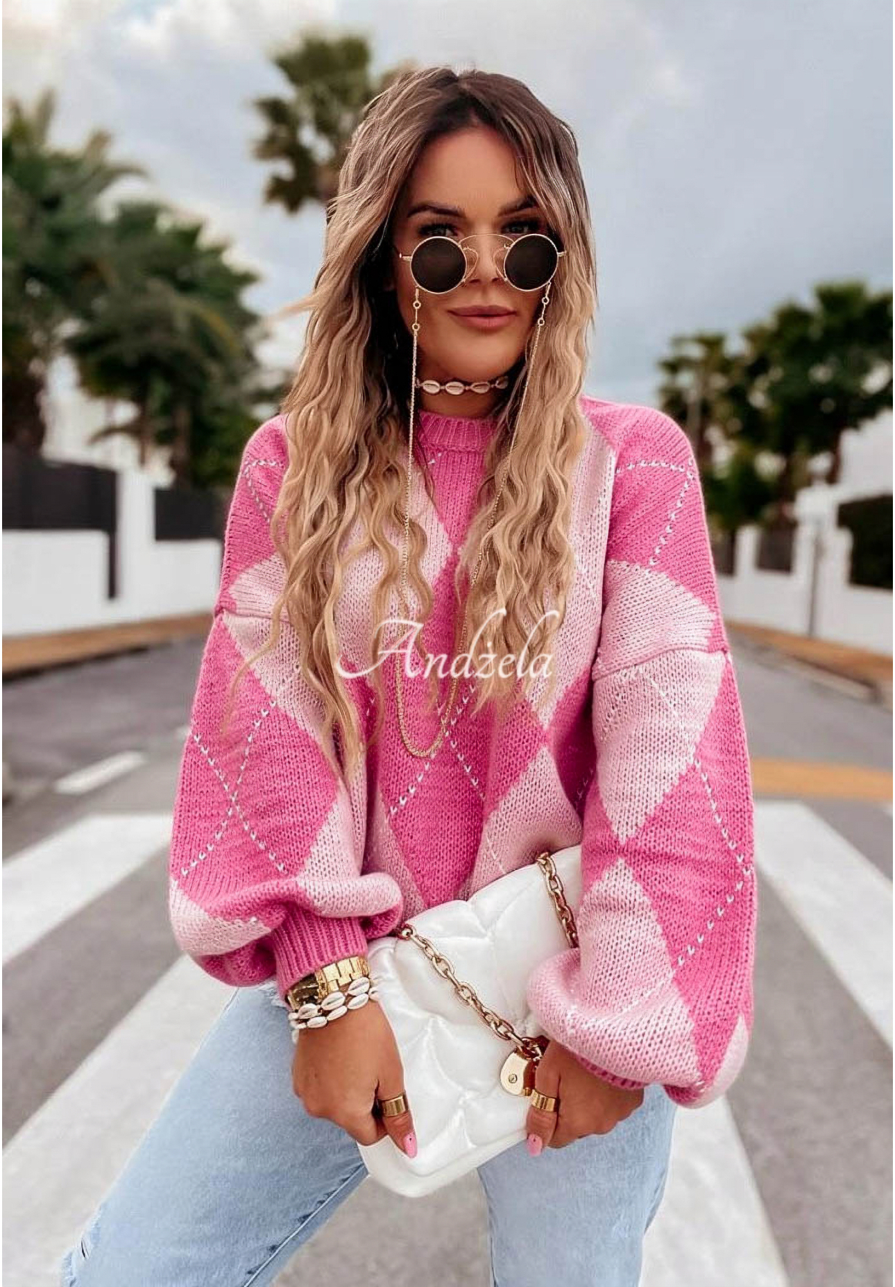 Weicher Pullover mit Rautenmuster mit Wolle und Viskose Strawberry Smoothie Rosa