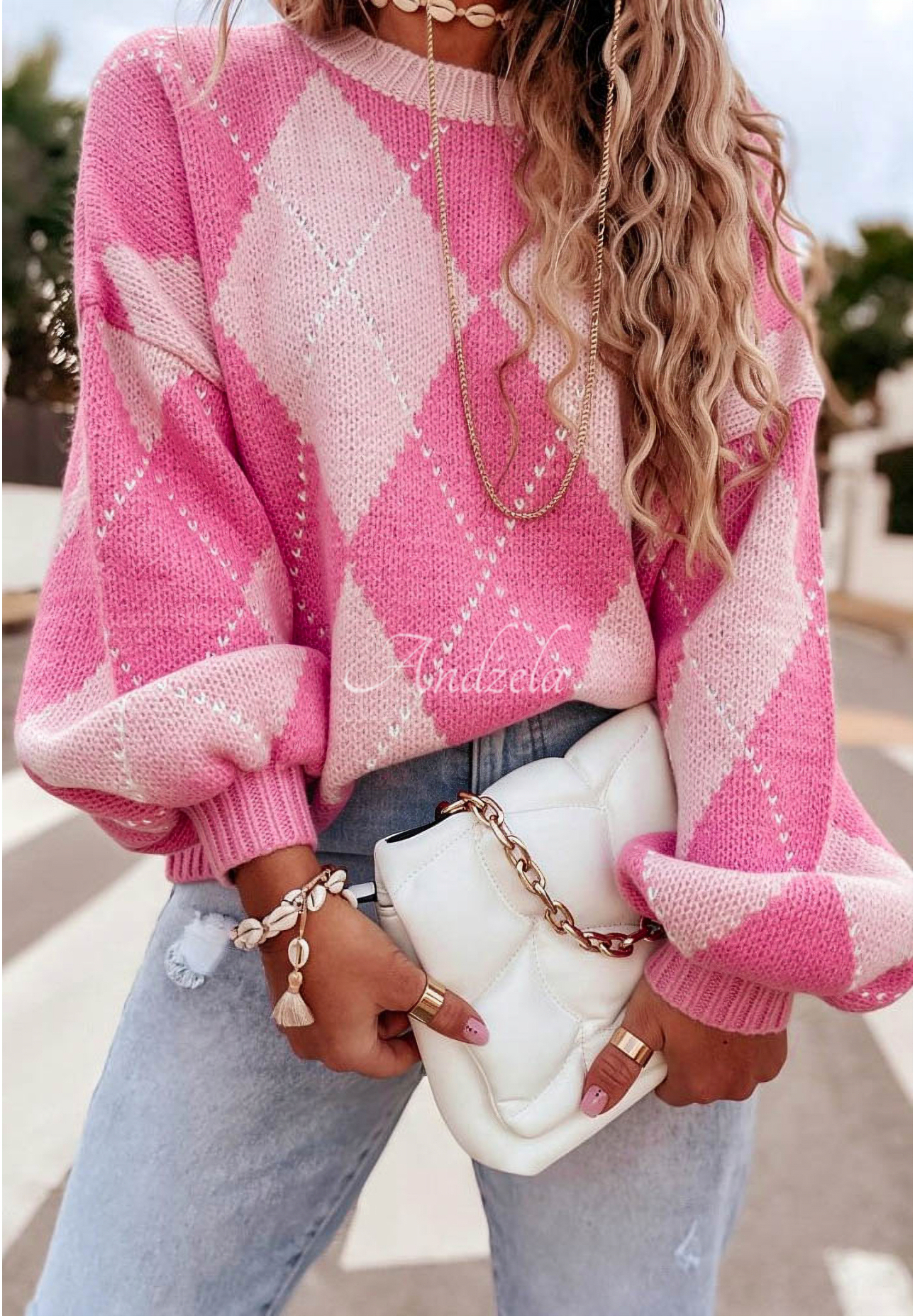 Soft diamond-patterned sweater with wool and viscose Strawberry Smoothie pink