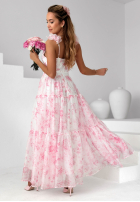 Kwiecista Kleid maxi na ramiączkach z falbankami Prudence biało-Rosa