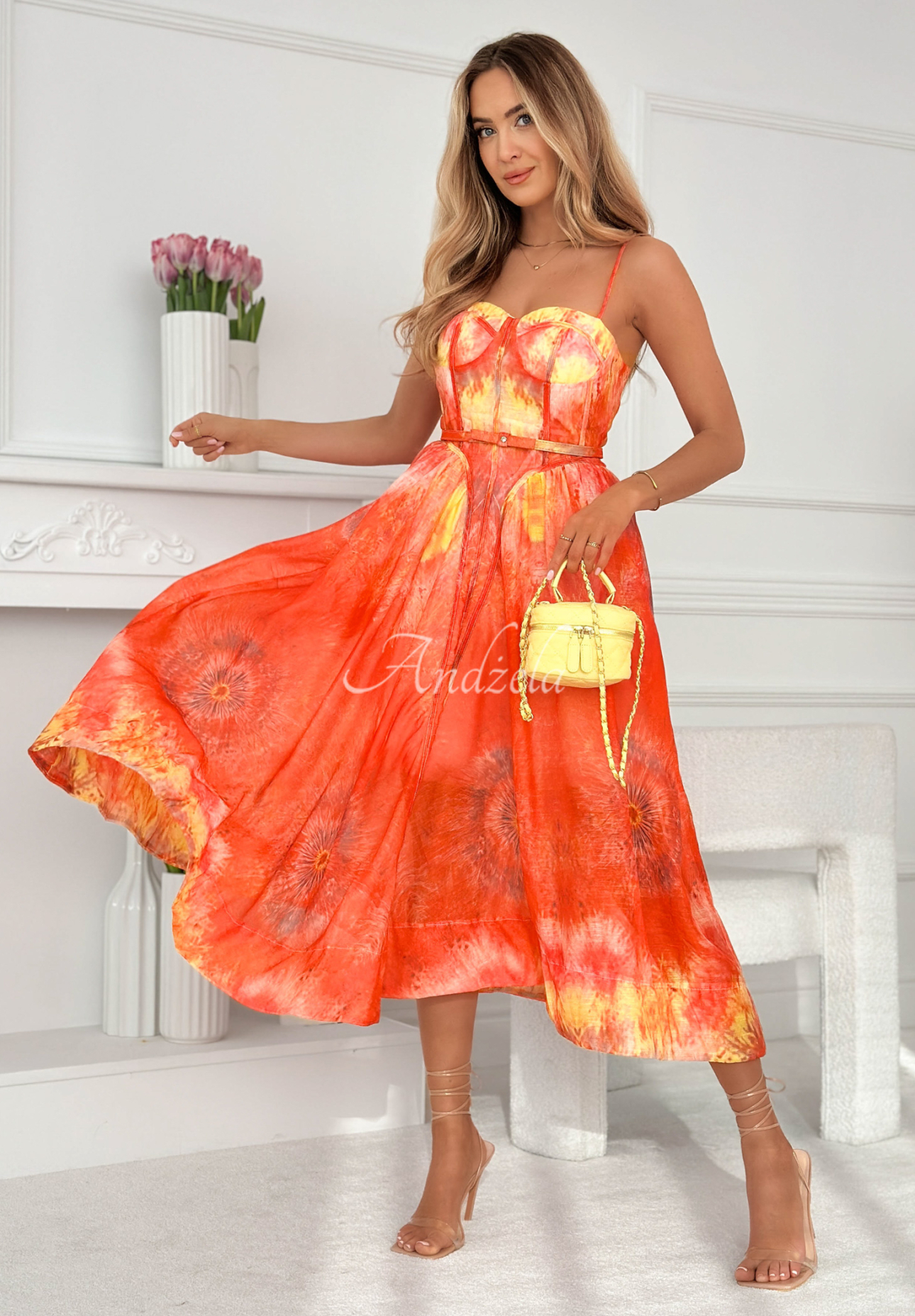 Korsettkleid in Midi-Länge mit Leinen und Viskose Sonneta Orange