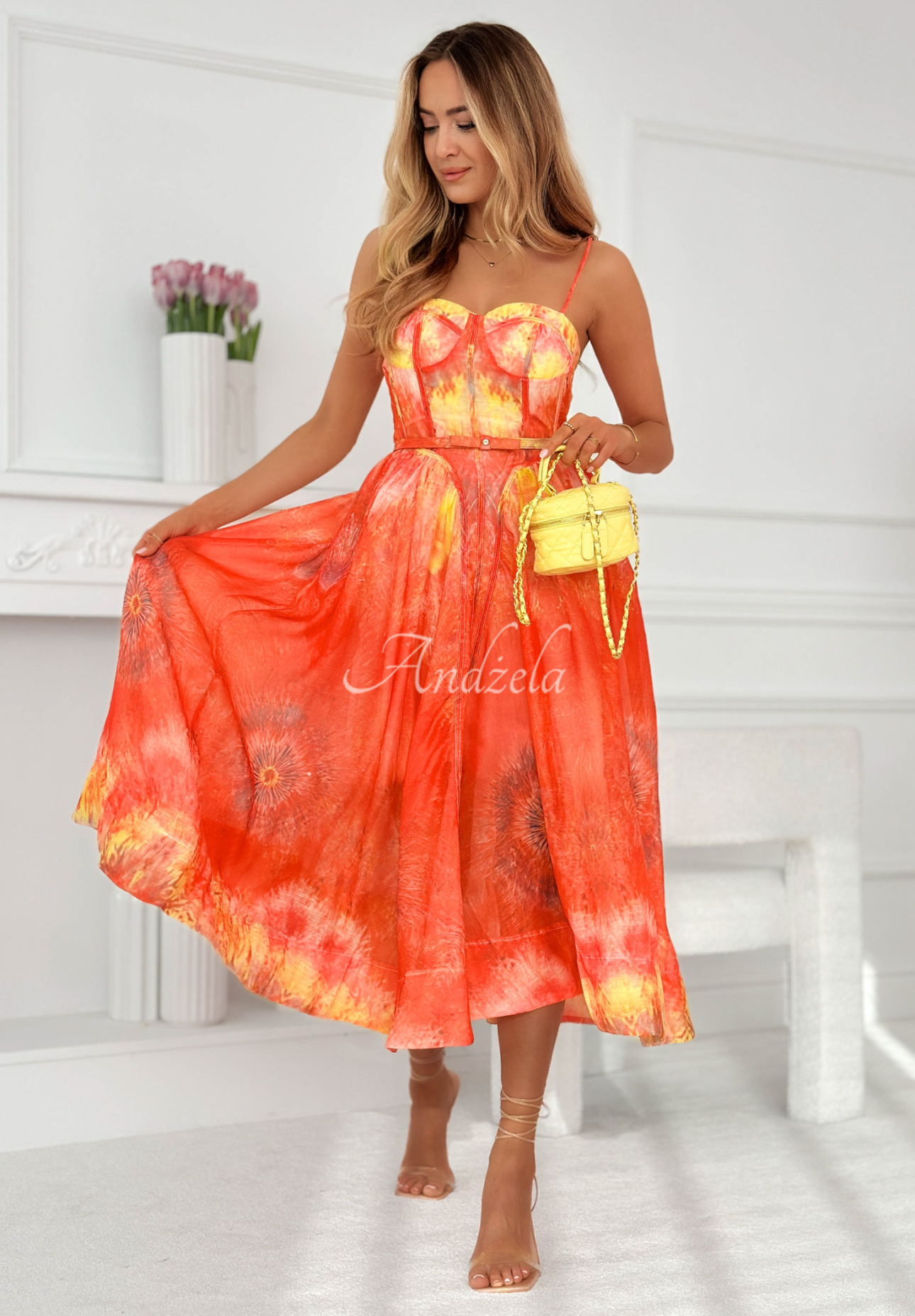 Korsettkleid in Midi-Länge mit Leinen und Viskose Sonneta Orange