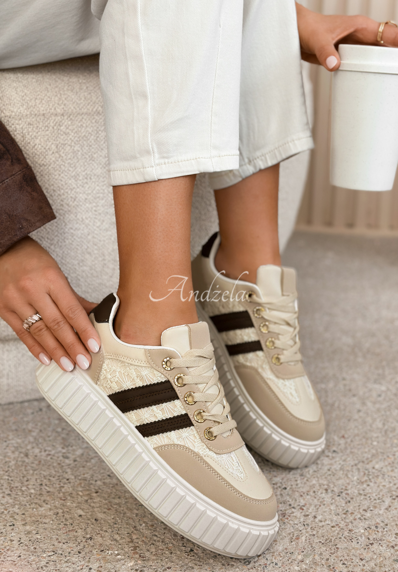 Carlotta Beige Leather Sneakers with Lace-Up Detail