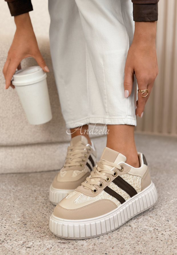 Leder-Sneakers mit Spitzenbesatz Carlotta Beige