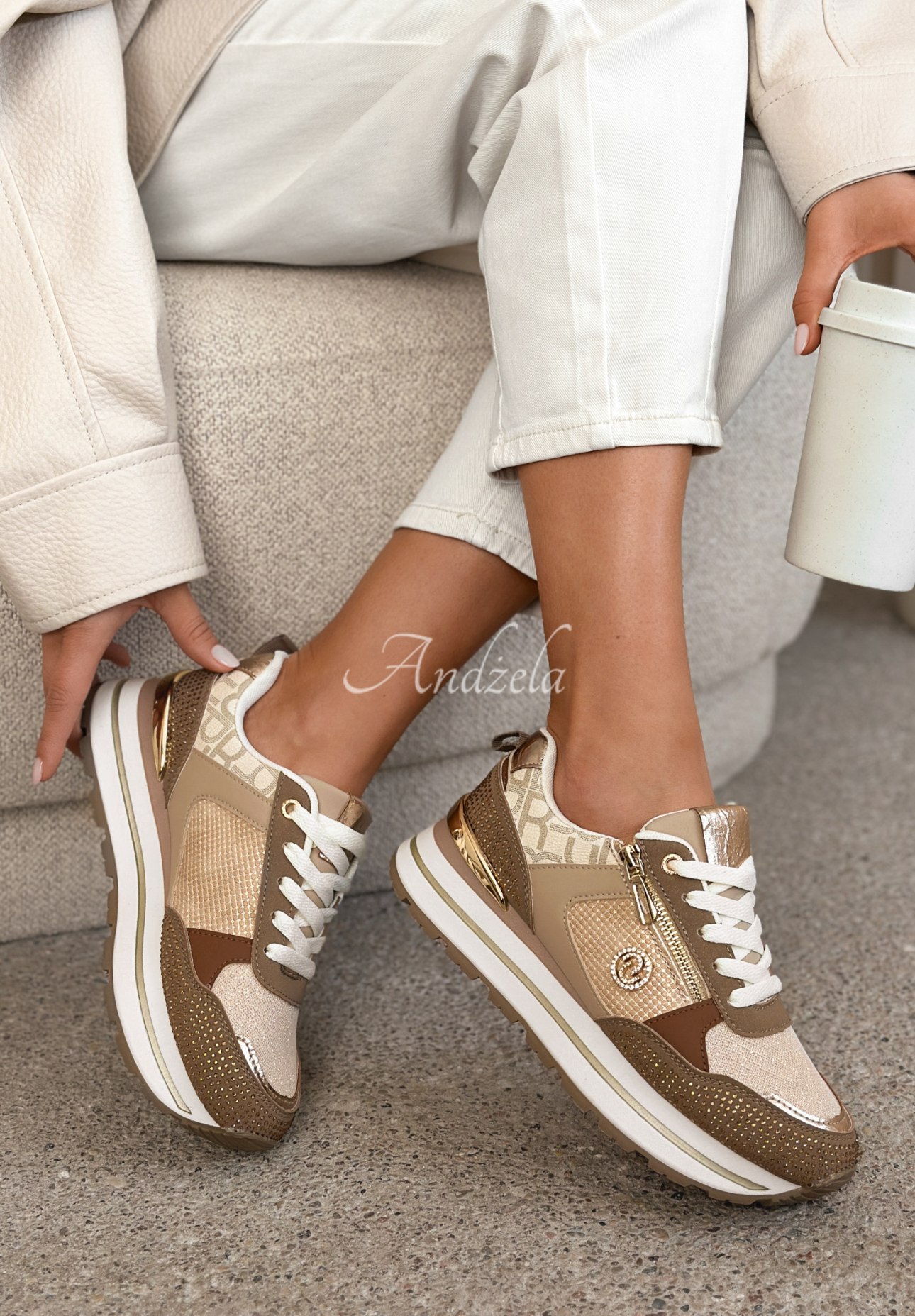 Lottie Beige Sneakers with Rhinestones and Zippers