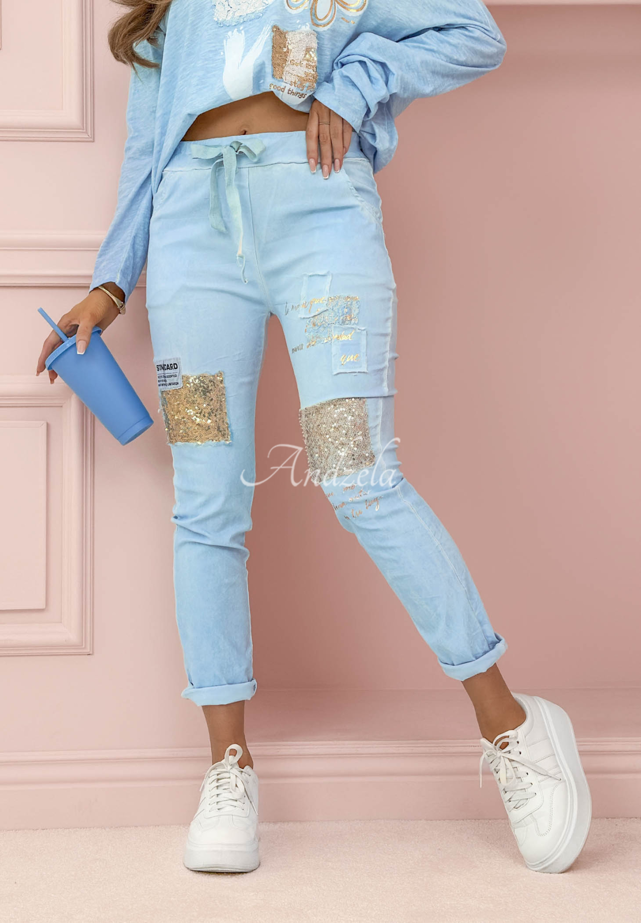 Hose mit Pailletten Love &amp; Flowers Himmelblau