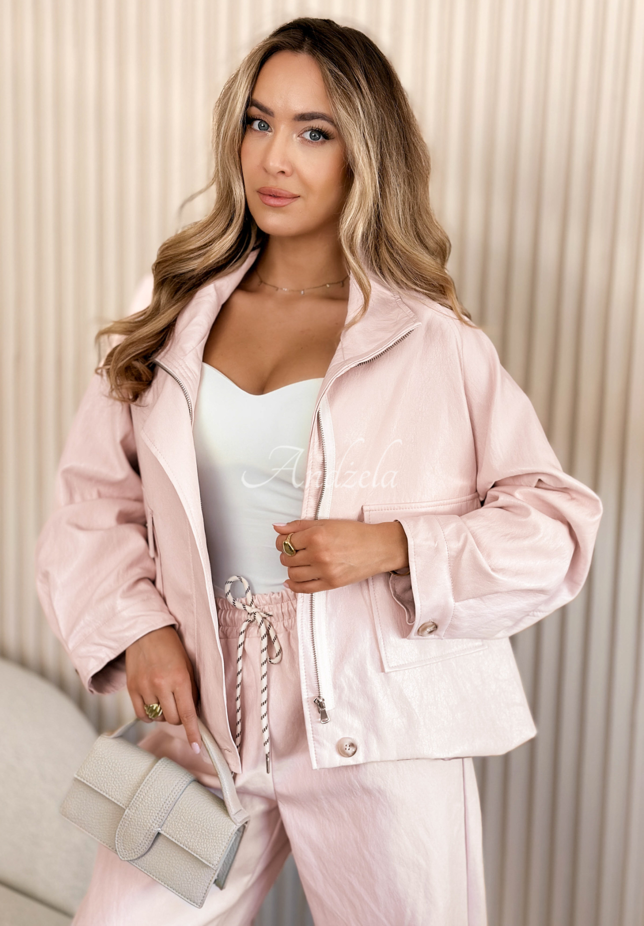 Kurze Lederjacke mit Stehkragen Marigold Rosa