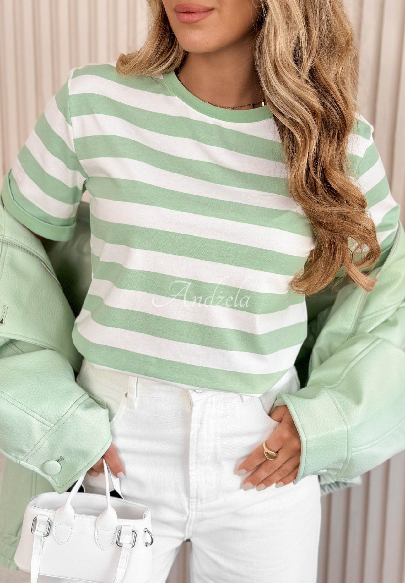 Gestreiftes Baumwoll-T-Shirt Louise weiß-Pistaziengrün