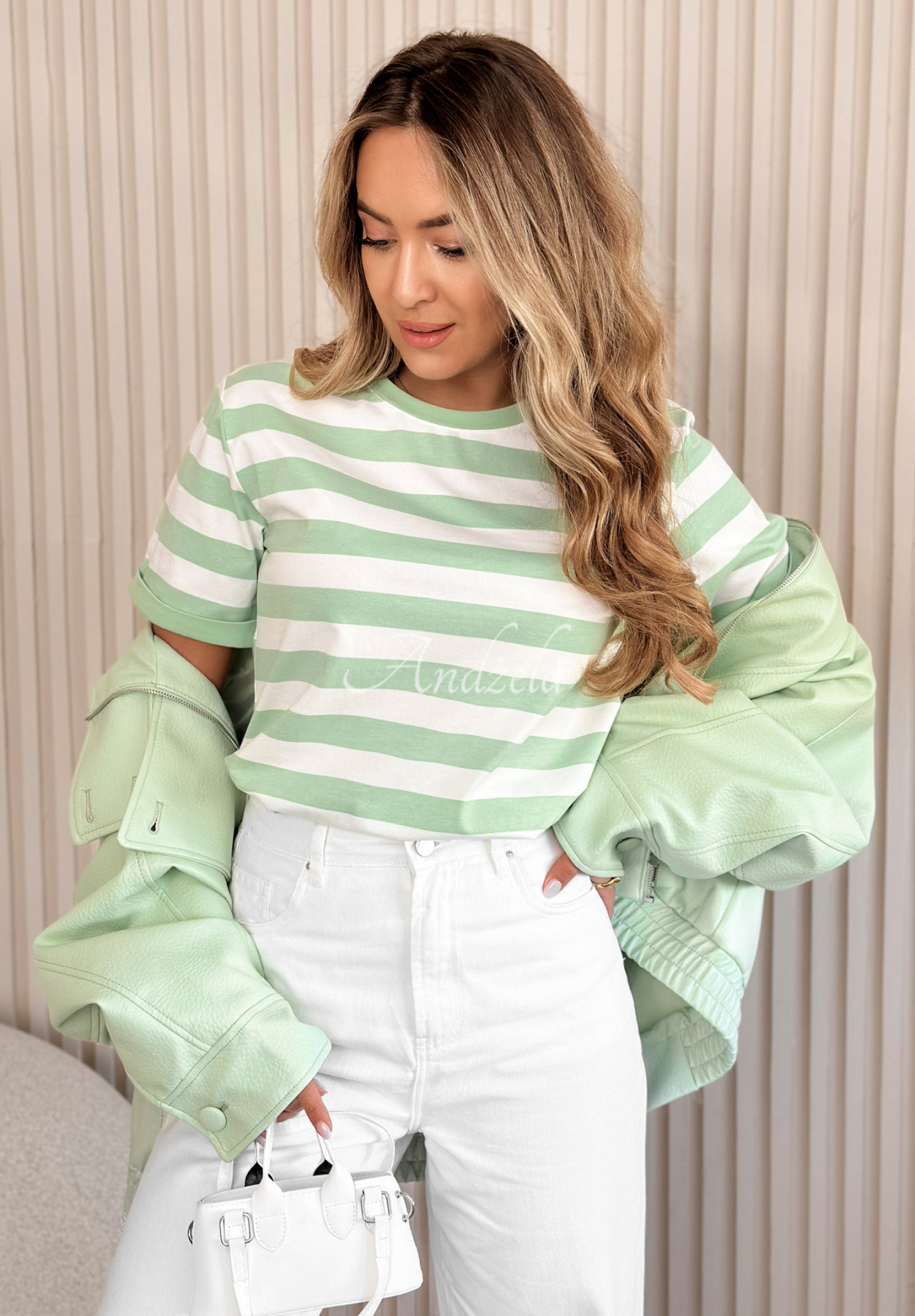 Gestreiftes Baumwoll-T-Shirt Louise weiß-Pistaziengrün