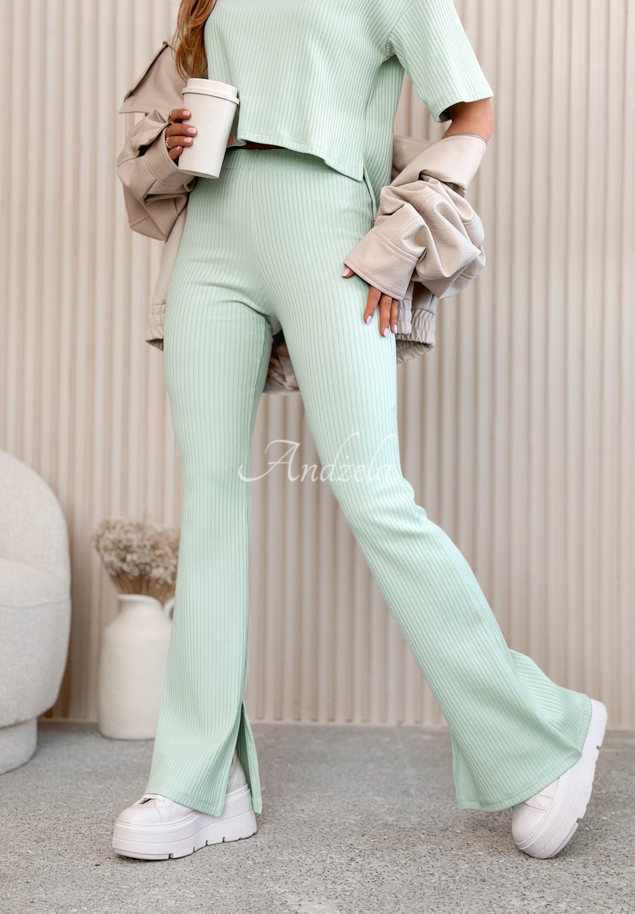 Marcella mint-colored striped cotton bell-bottom pants