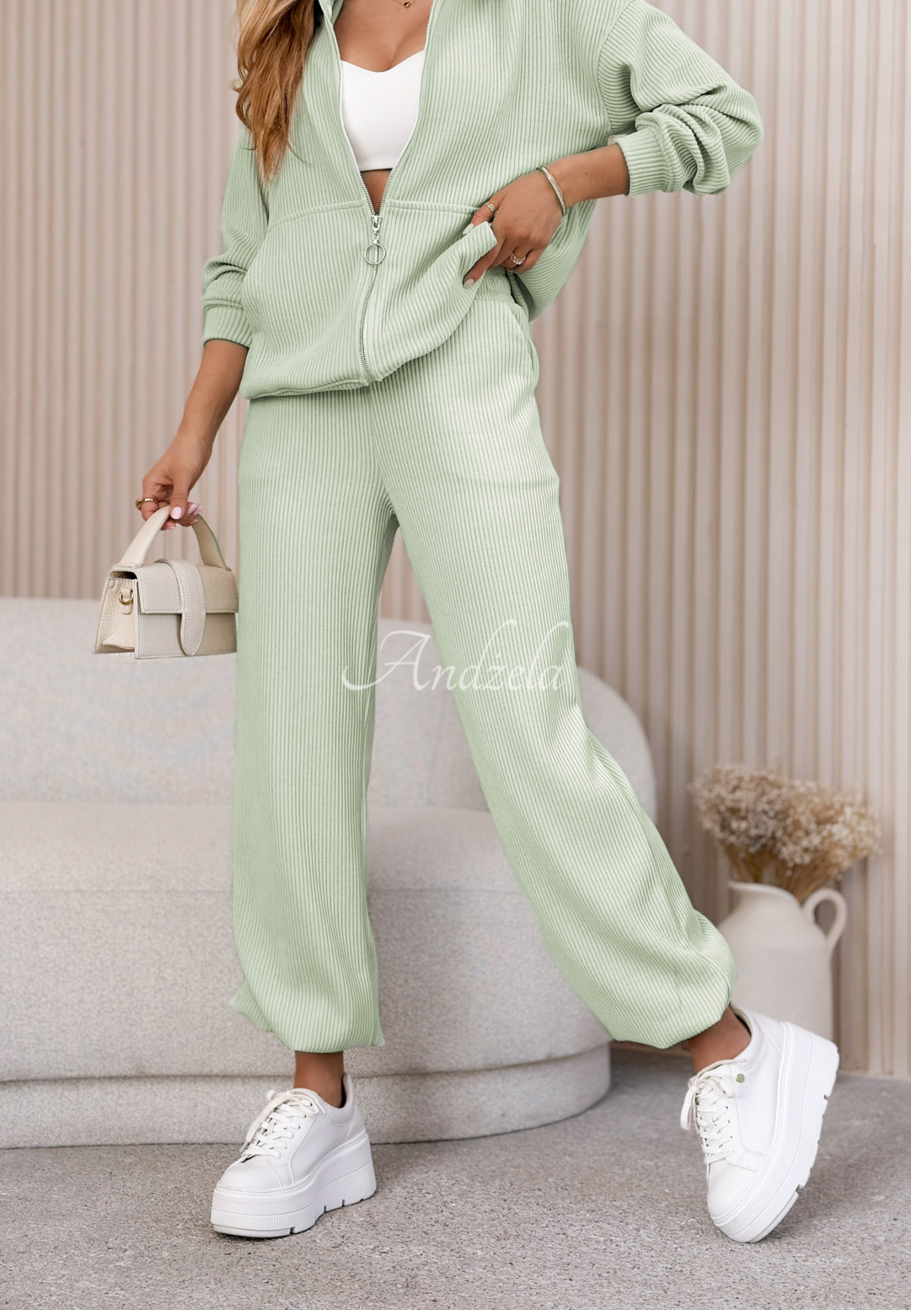 Pistachio-colored striped cotton sweatshirt and pants set by Marcella