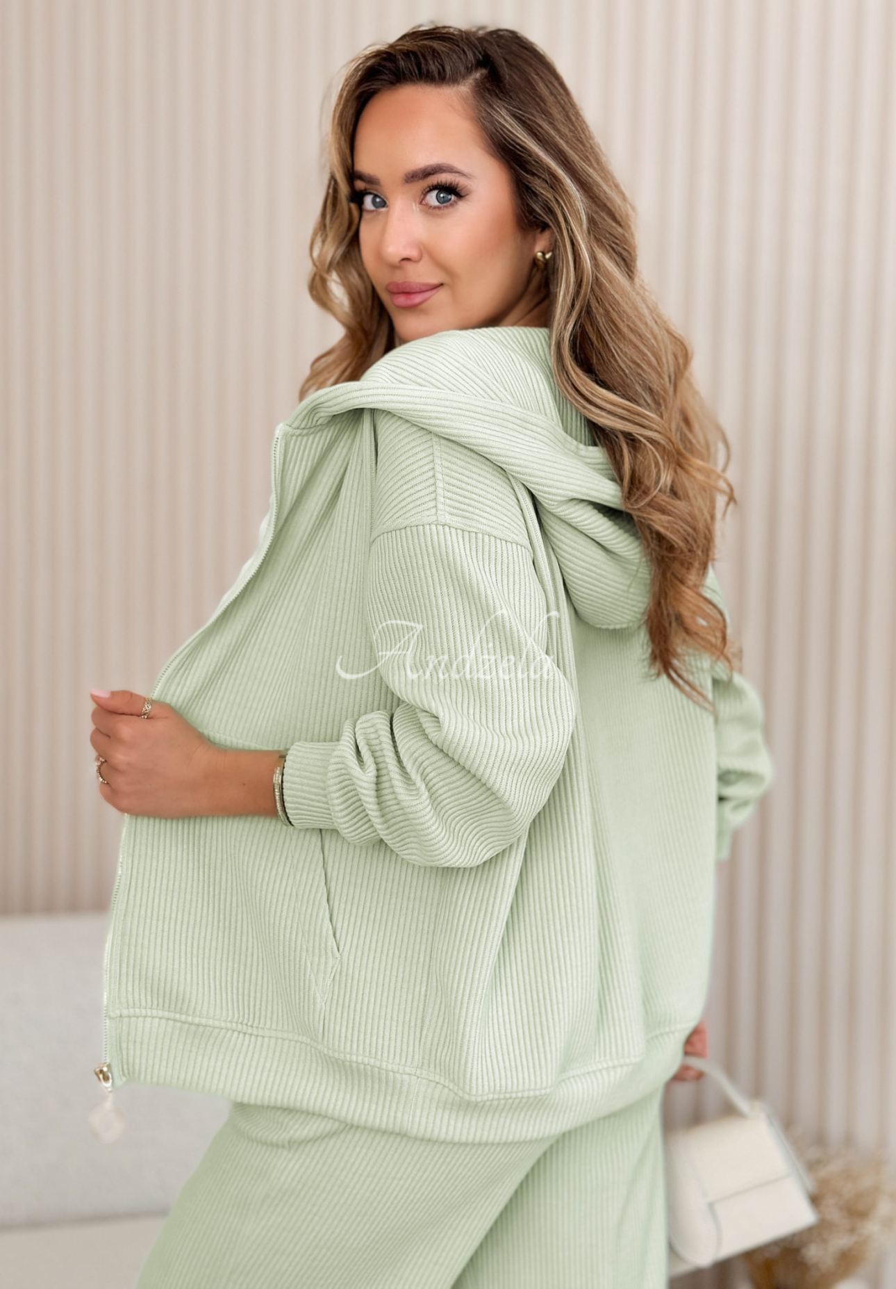 Set aus geripptem Baumwoll-Sweatshirt und Hose Marcella Mintgrün