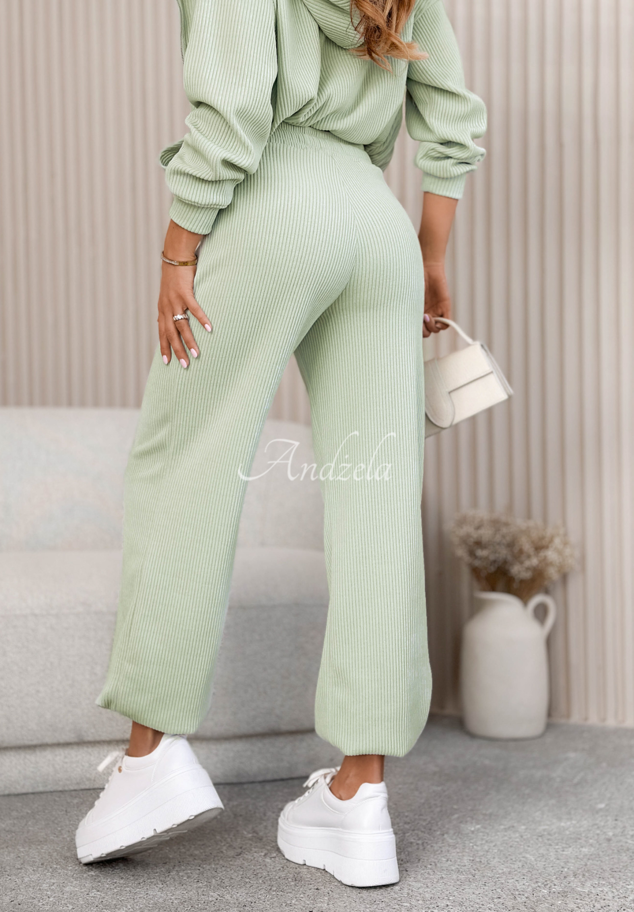 Pistachio-colored striped cotton sweatshirt and pants set by Marcella