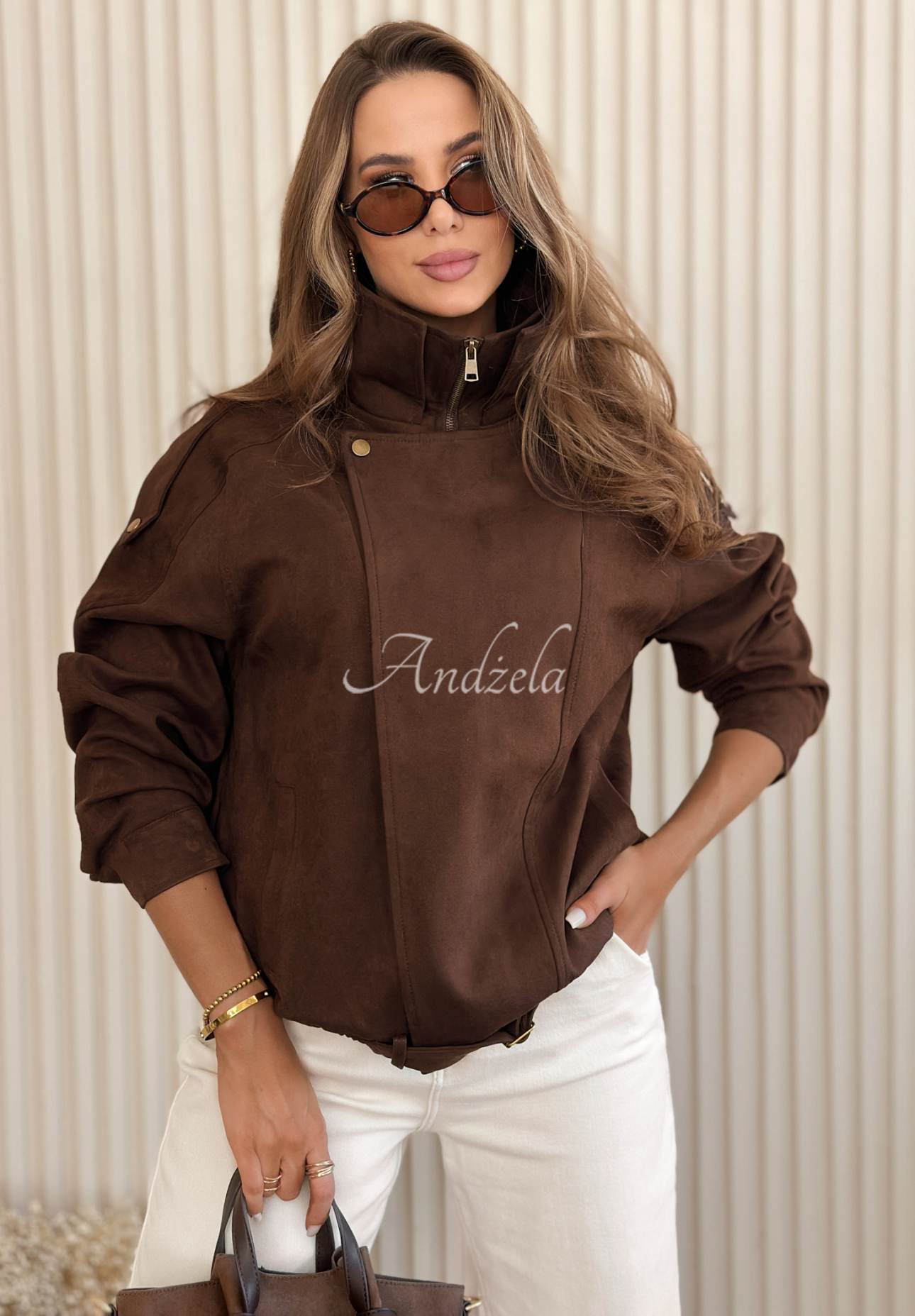 Kurze Wildlederjacke mit Kragen Feeling Cold Schokoladenbraun