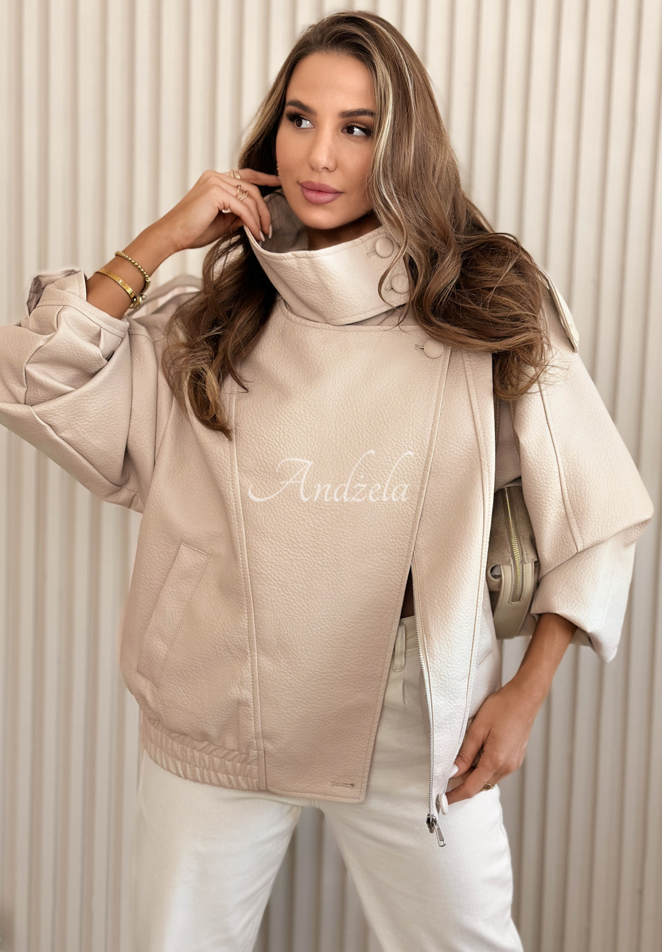 Lederbomberjacke Messy Beige