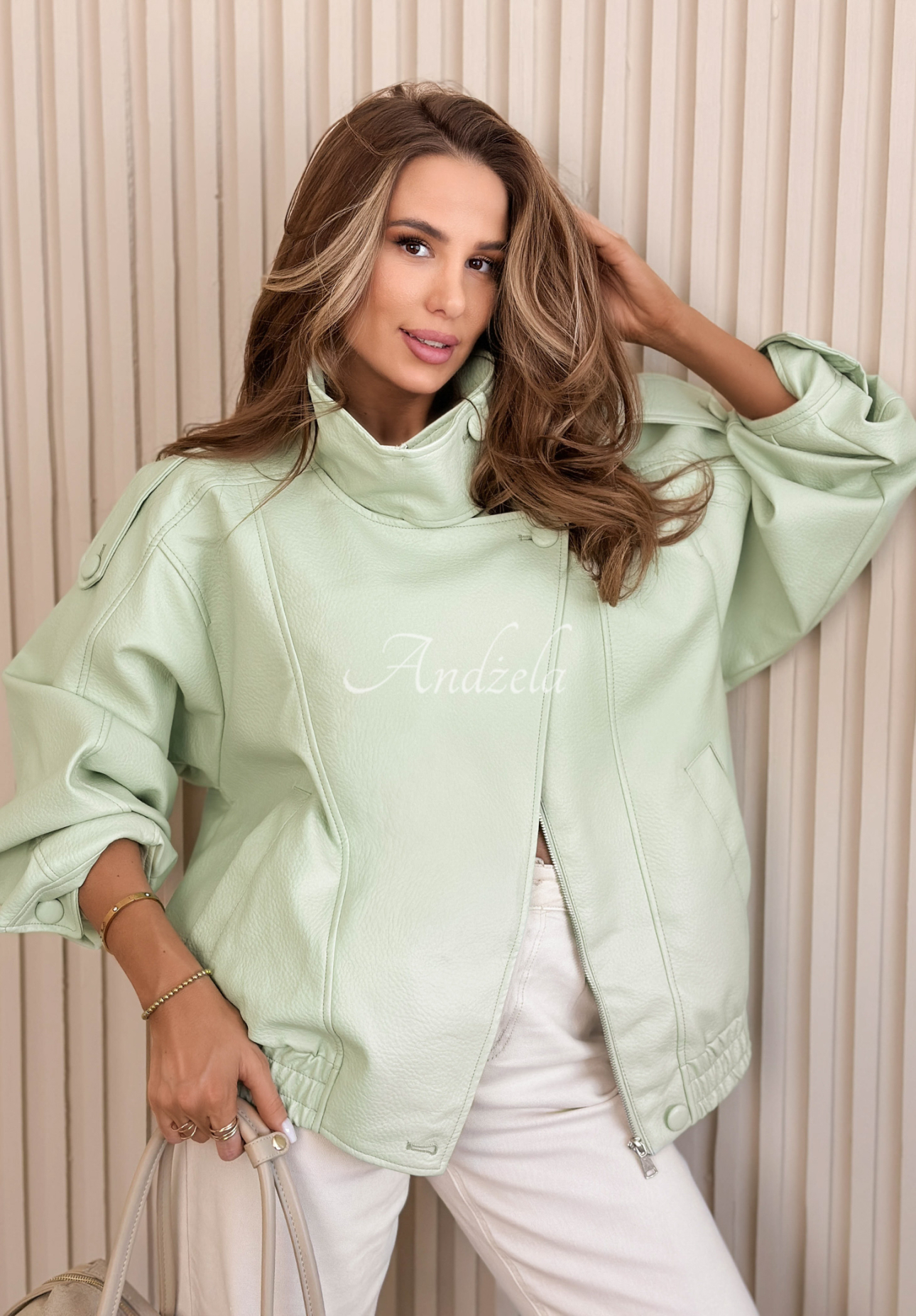 Lederbomberjacke Messy Pistaziengrün