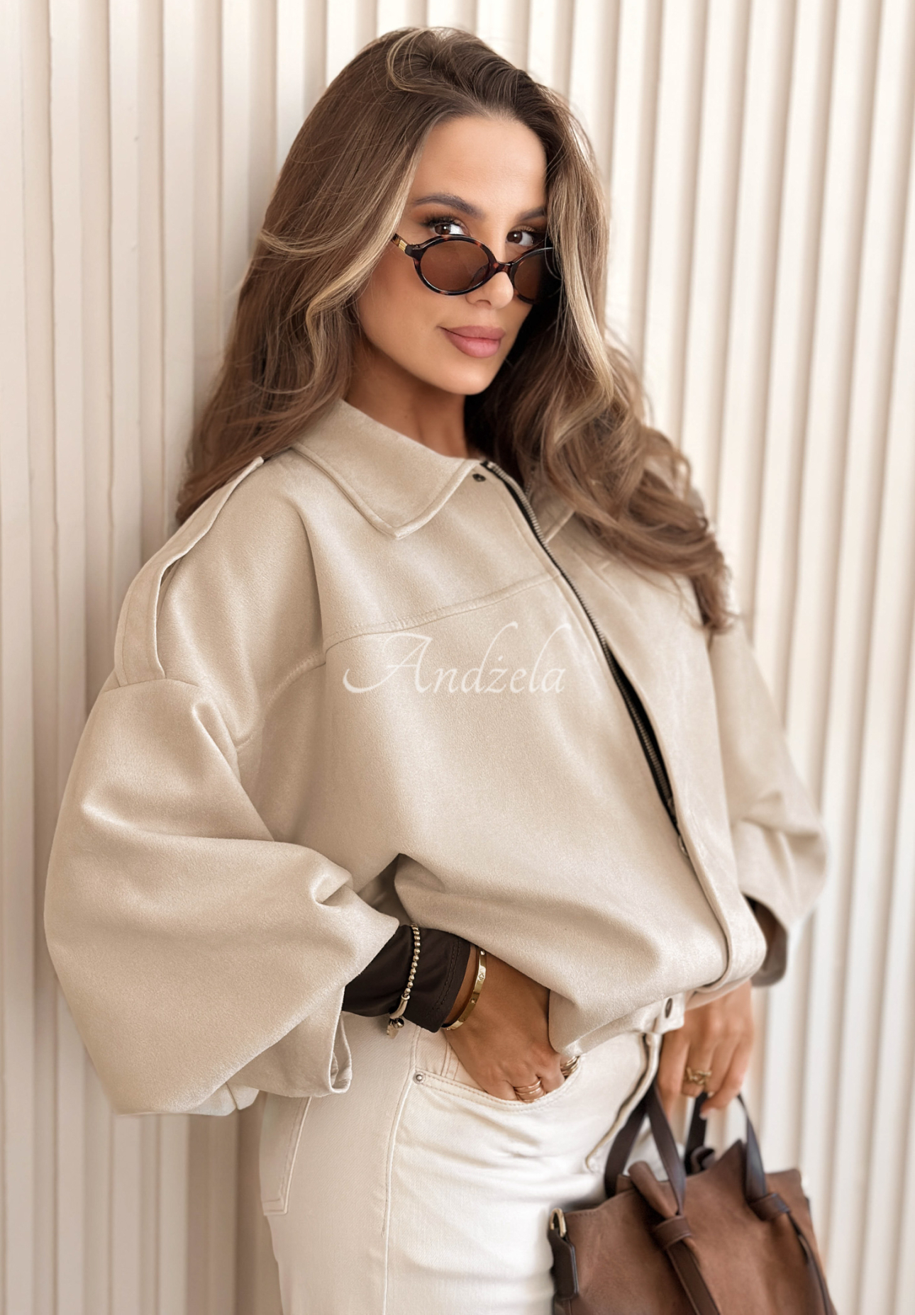 Wildleder-Bomberjacke oversize Early Season Beige