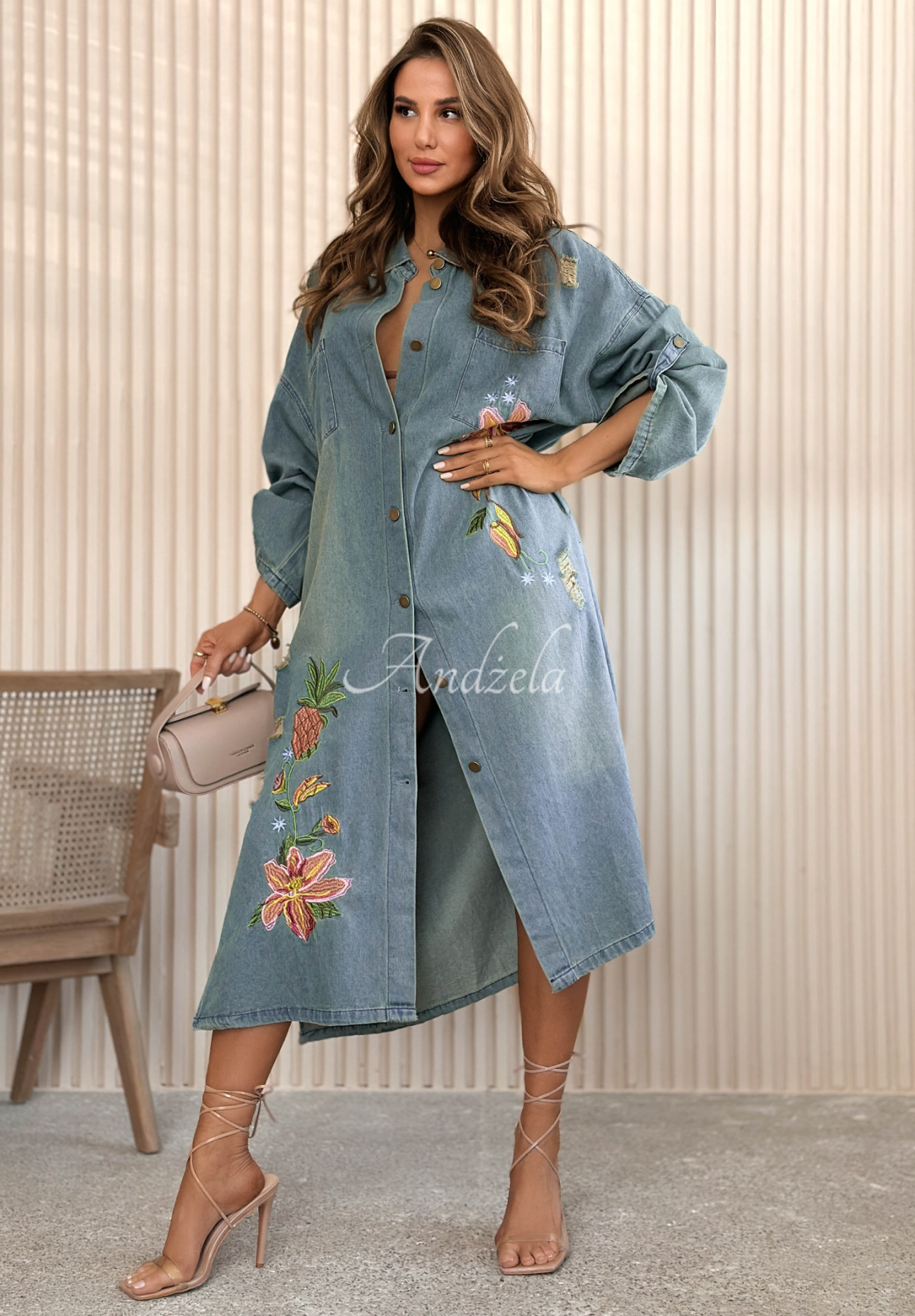 Araminta Blue Embroidered Denim Midi Dress