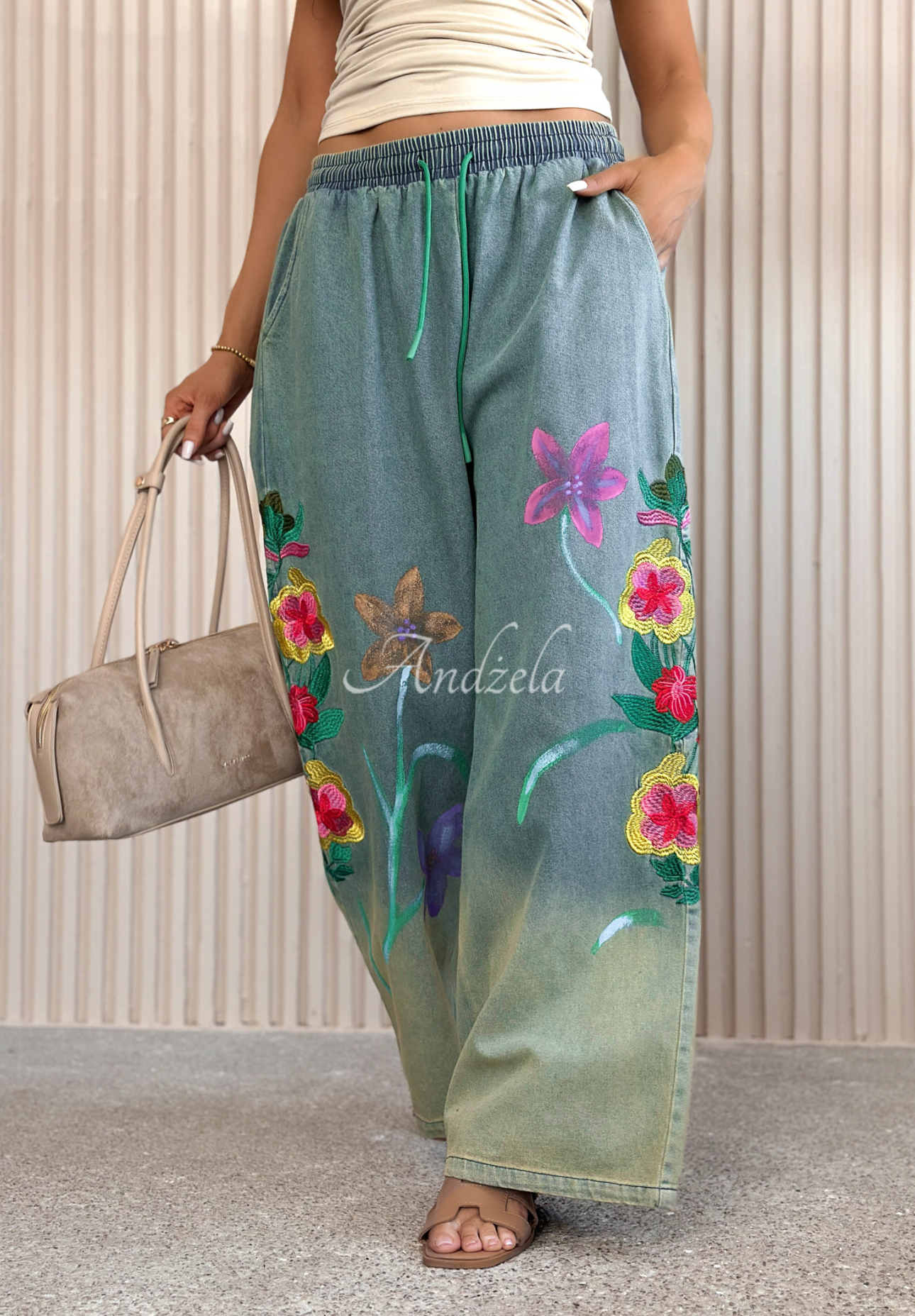 Rosamere Light Blue Wide-Leg Denim Pants with Embroidery