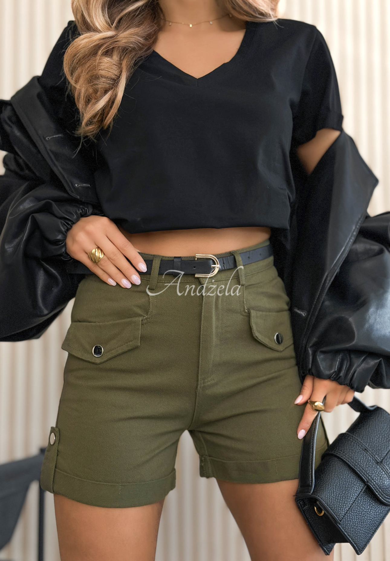 Khaki Antalya denim shorts with a belt and pockets