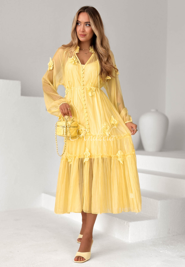 Midikleid aus Tencel mit R&uuml;schen und Blumen Isenelle Gelb