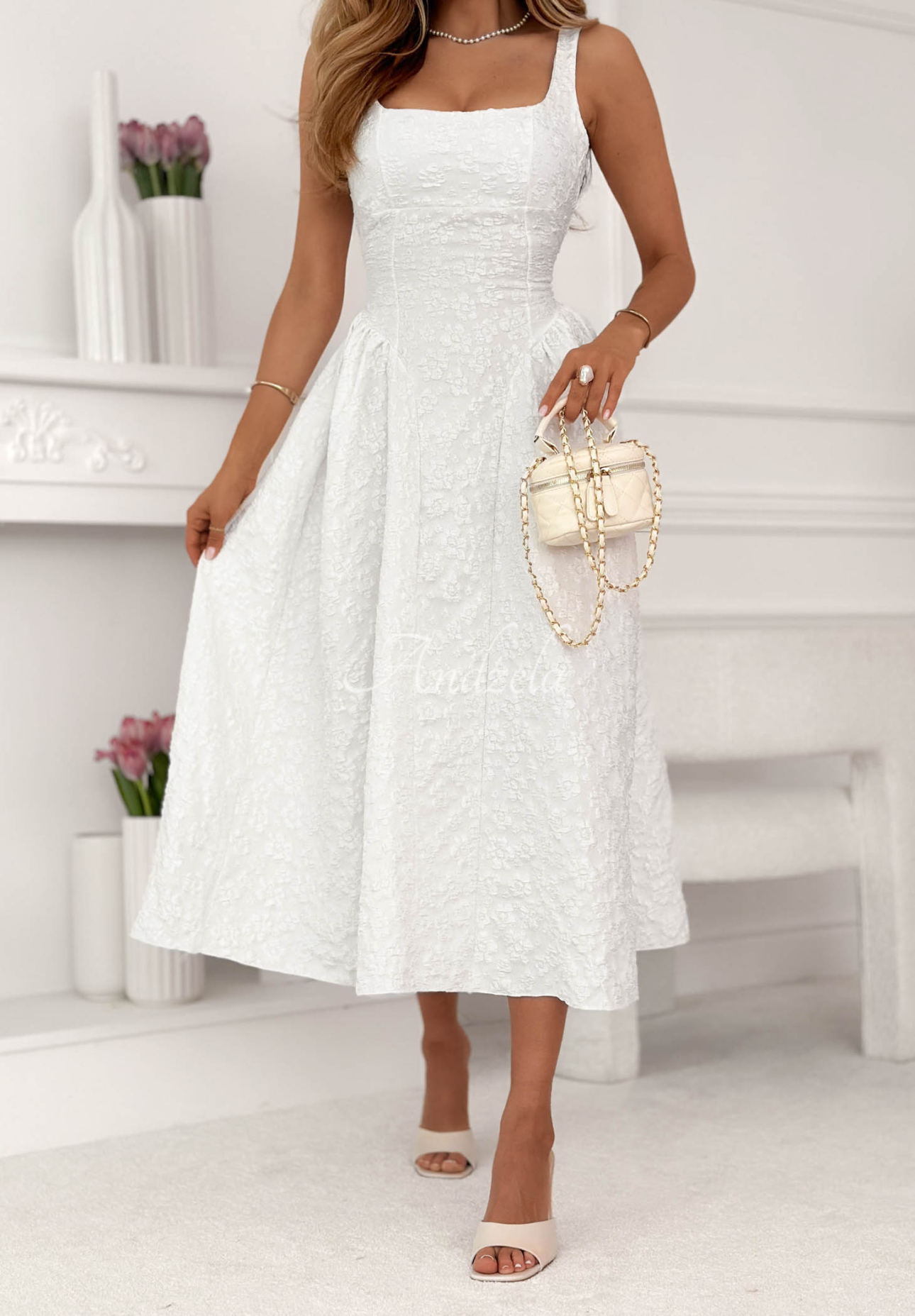 Aurelie White Textured Midi Dress with a Square Neckline