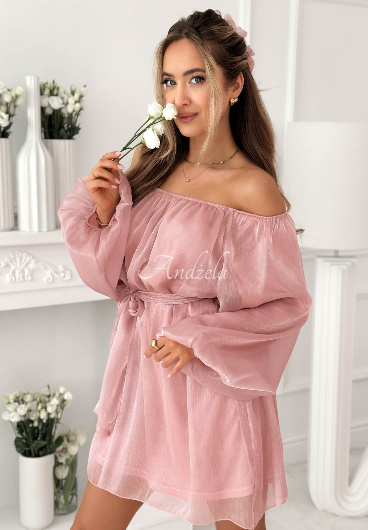 Persephone Off-the-Shoulder Chiffon Dress with Puff Sleeves in Powder Pink