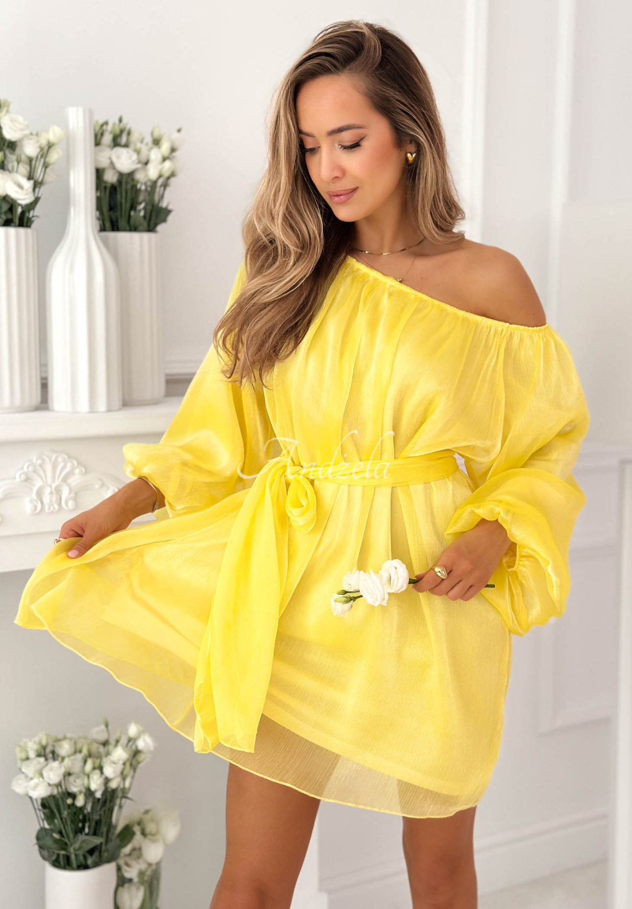Chiffon Off-Shoulder-Kleid mit Puffärmeln Persephone Gelb