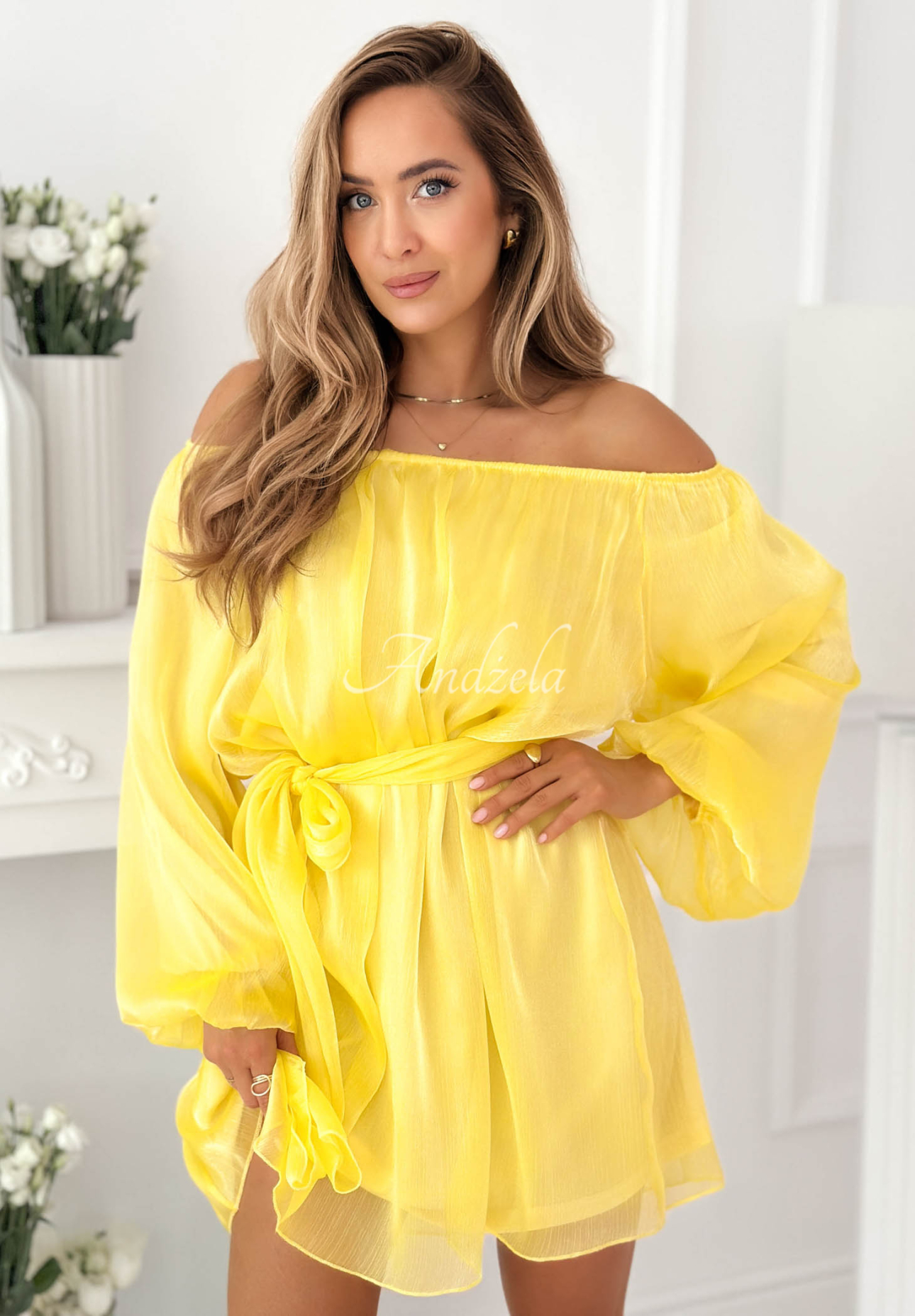 Persephone Yellow Chiffon Off-the-Shoulder Dress with Puff Sleeves
