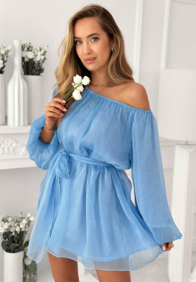 Chiffon Off-Shoulder-Kleid mit Puffärmeln Persephone Blau