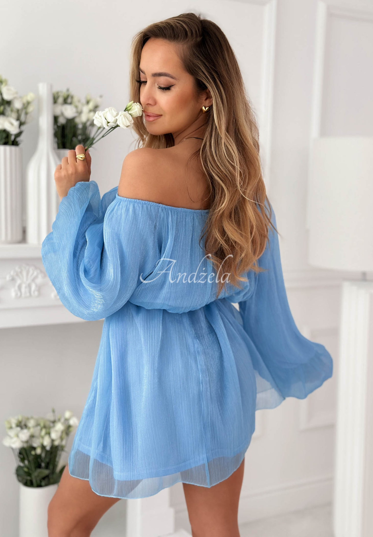 Chiffon Off-Shoulder-Kleid mit Puffärmeln Persephone Blau