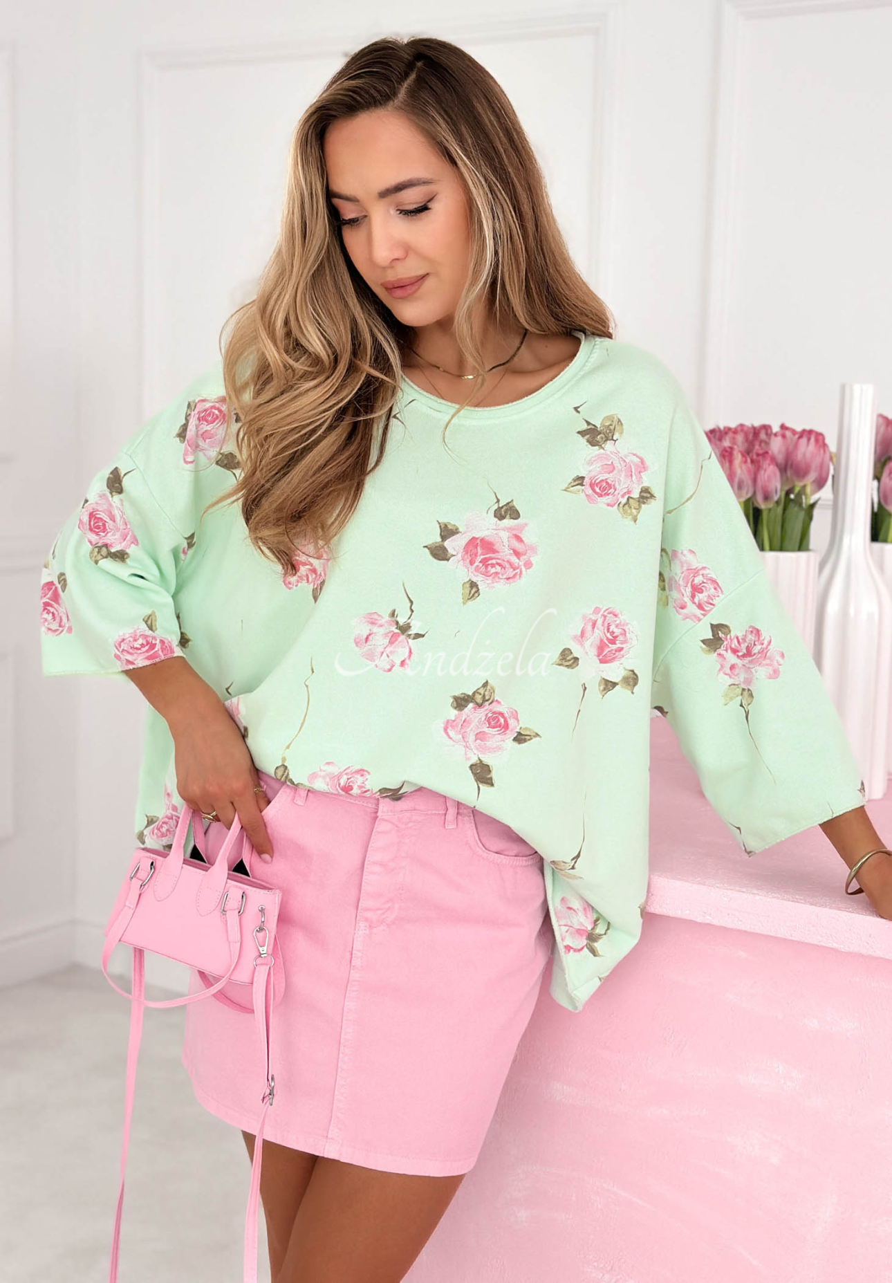 Oversize-Sweatshirt aus Baumwolle mit Rosenmuster Rosanella Pistaziengrün