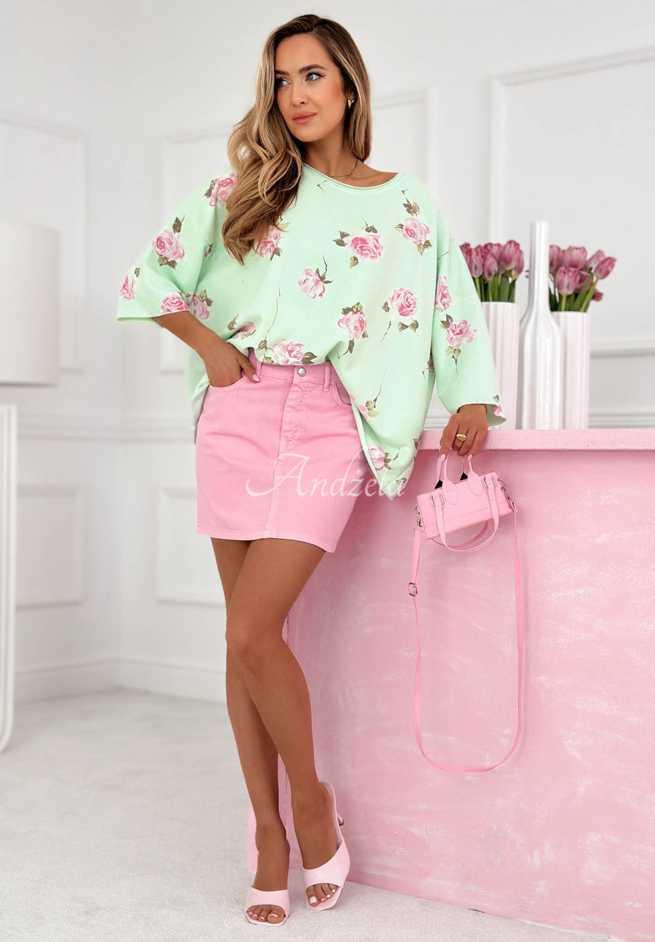 Oversize-Sweatshirt aus Baumwolle mit Rosenmuster Rosanella Pistaziengrün