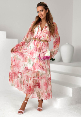Geblümtes Maxikleid mit Rüschen und GürtelPretty Orchid Rosa